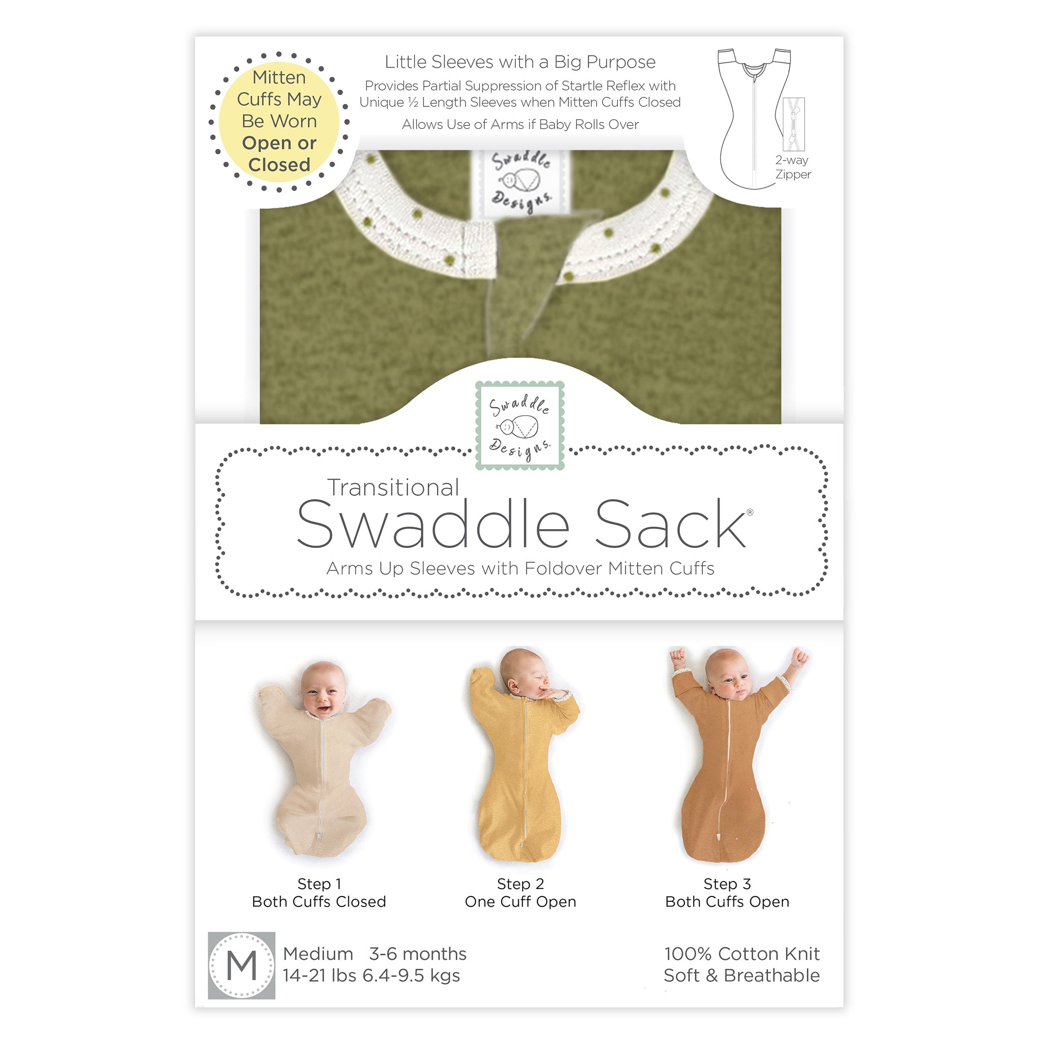 Transitional Swaddle Sack - Arms Up 1/2-length Sleeves & Mitten Cuffs, Heathered Green Turtle With Polka Dot Trim