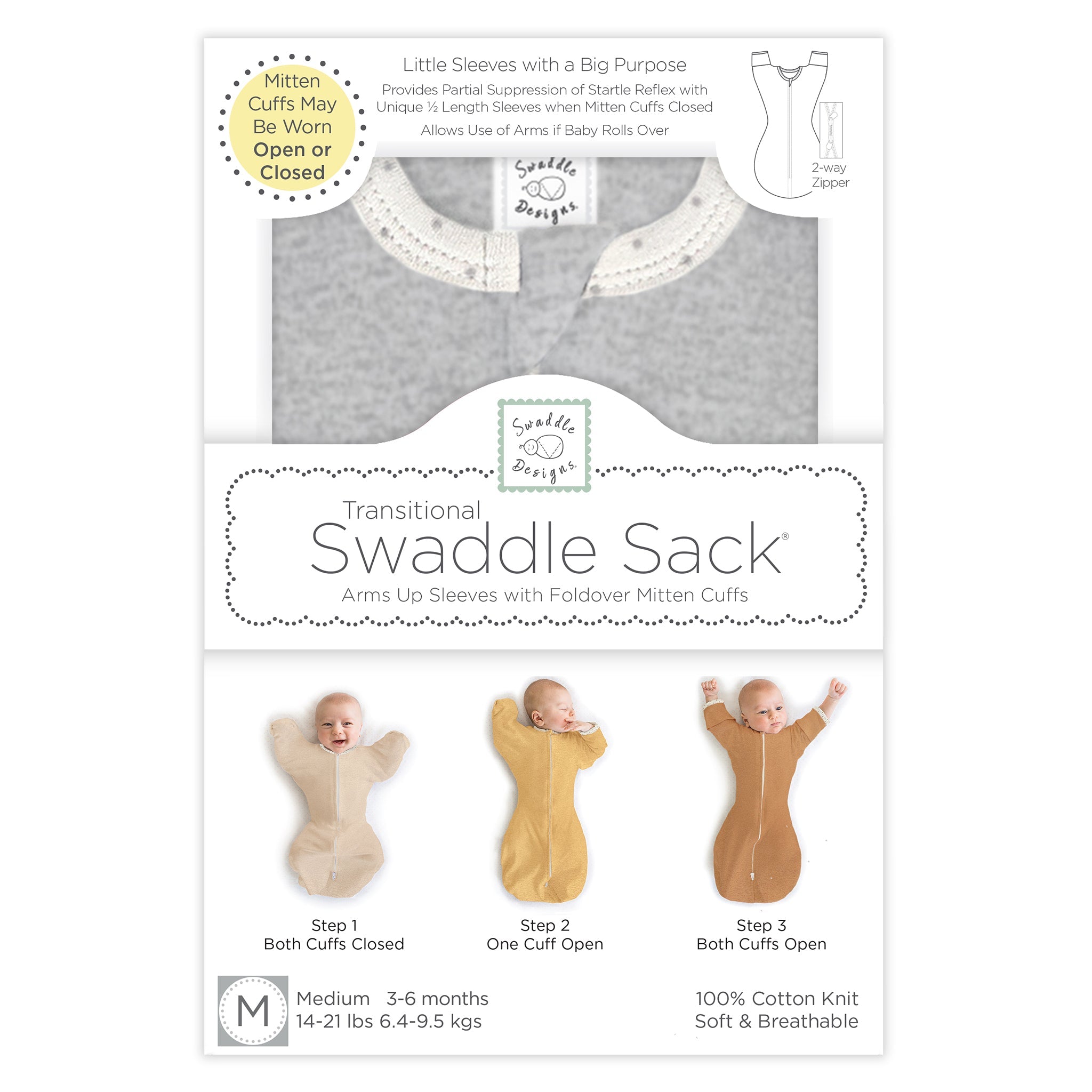 Transitional Swaddle Sack - Arms Up 1/2-length Sleeves & Mitten Cuffs, Heathered Gray With Polka Dot Trim