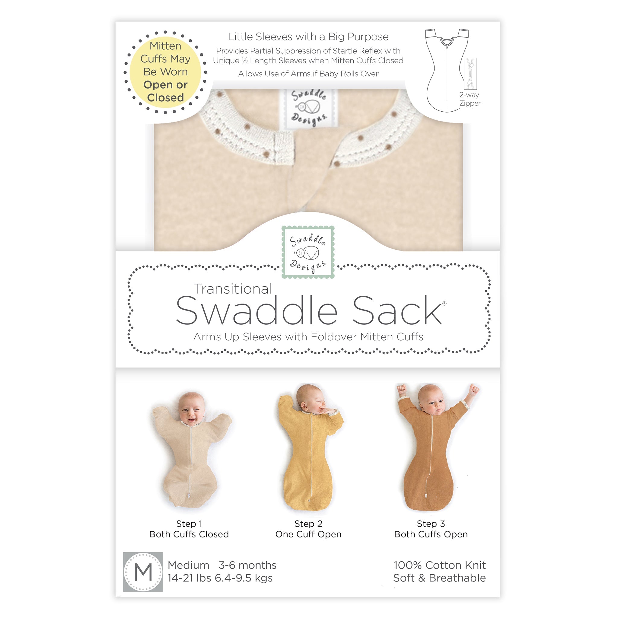 Transitional Swaddle Sack - Arms Up 1/2-length Sleeves & Mitten Cuffs, Heathered Oatmeal With Polka Dot Trim