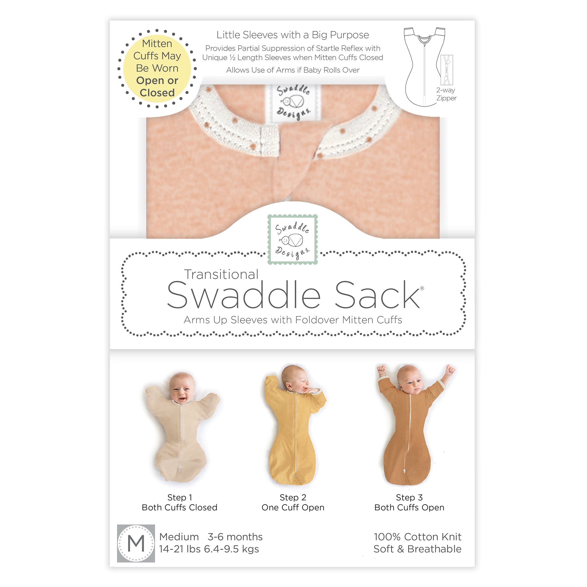 Transitional Swaddle Sack - Arms Up 1/2-length Sleeves & Mitten Cuffs, Solid, Heathered Peach Blush With Polka Dot Trim
