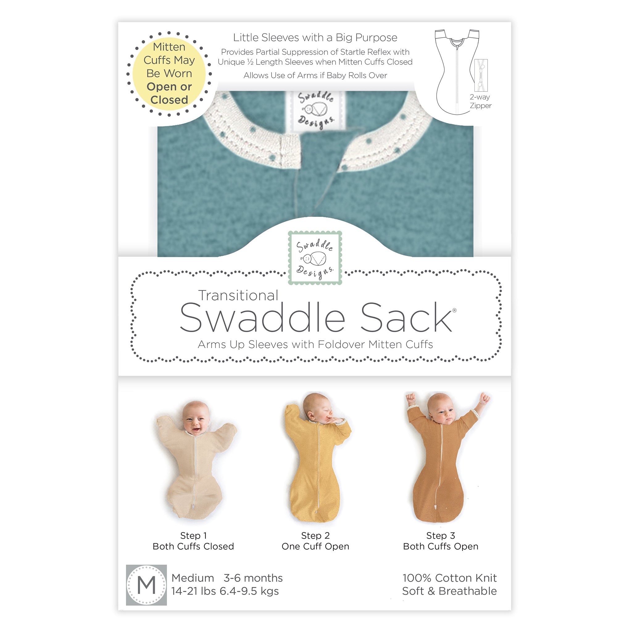 Transitional Swaddle Sack - Arms Up 1/2-length Sleeves & Mitten Cuffs, Heathered Teal With Polka Dot Trim