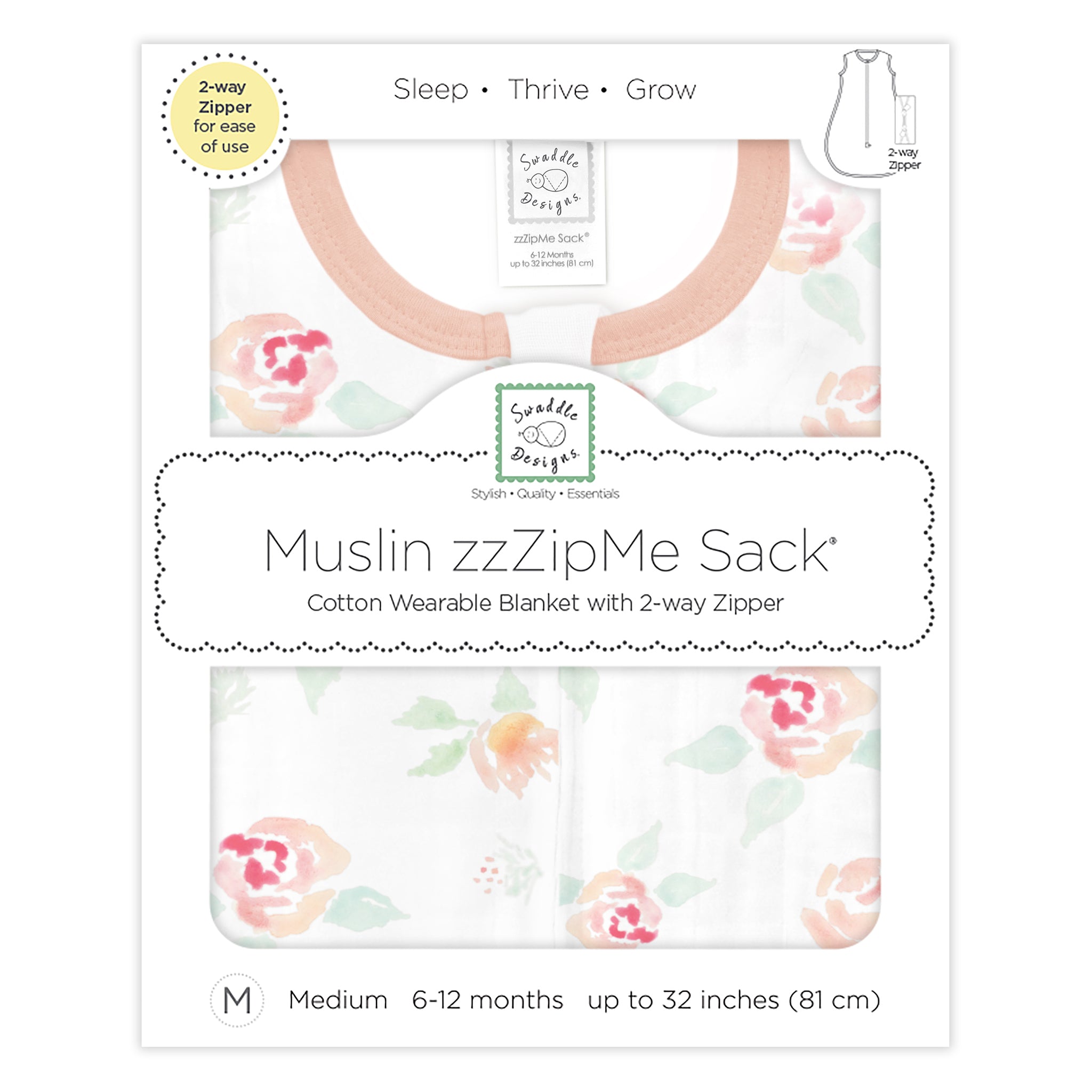 Muslin Non-weighted Zzzipme Sack - Watercolor Peachy Pink Floral - Sweet Roses- Sweet Roses