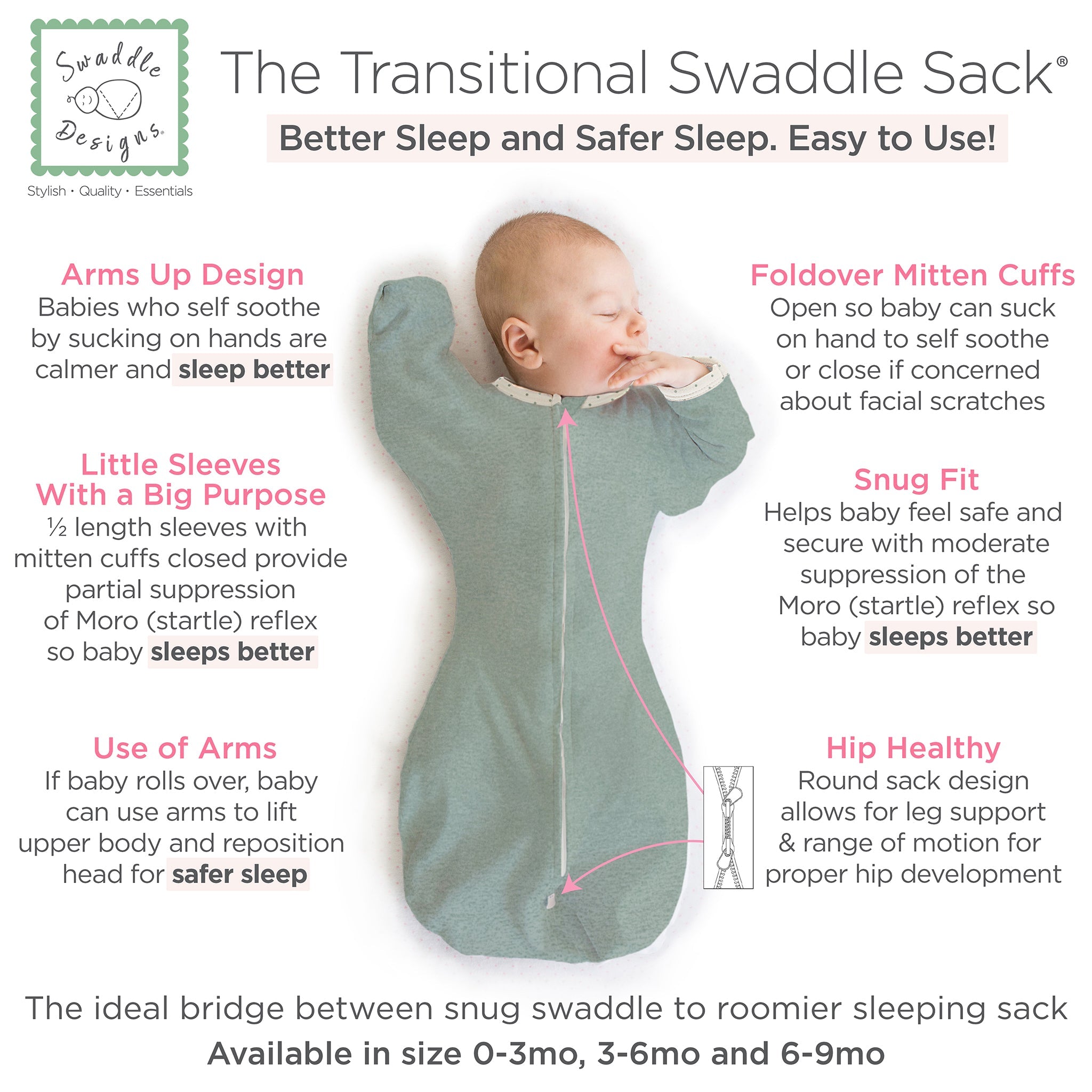 Transitional Swaddle Sack - Arms Up 1/2-length Sleeves & Mitten Cuffs, Heathered Jadeite With Polka Dot Trim