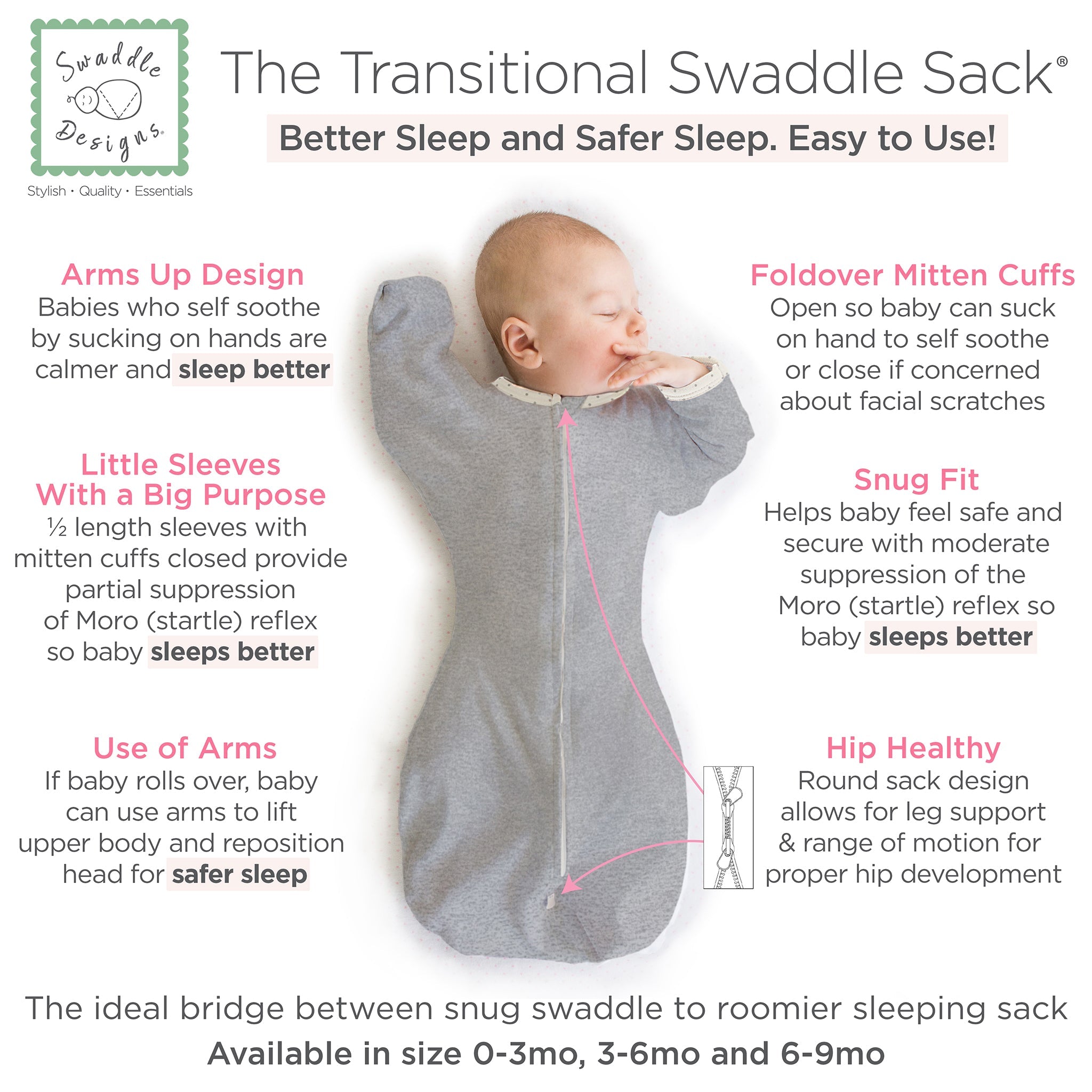 Transitional Swaddle Sack - Arms Up 1/2-length Sleeves & Mitten Cuffs, Heathered Gray With Polka Dot Trim
