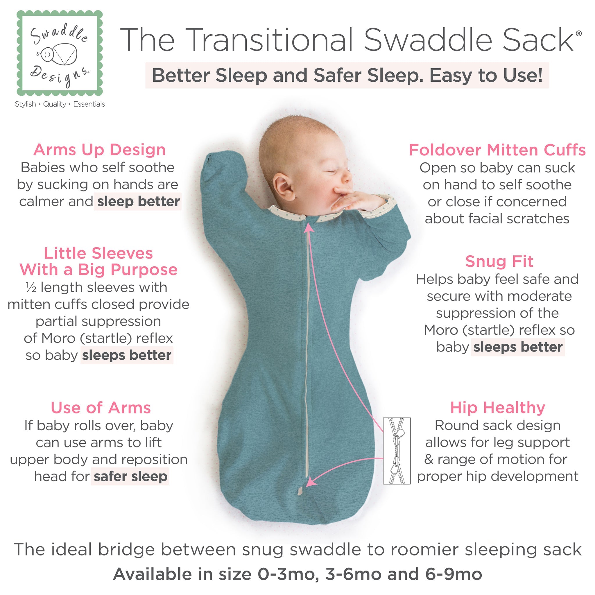 Transitional Swaddle Sack - Arms Up 1/2-length Sleeves & Mitten Cuffs, Heathered Teal With Polka Dot Trim