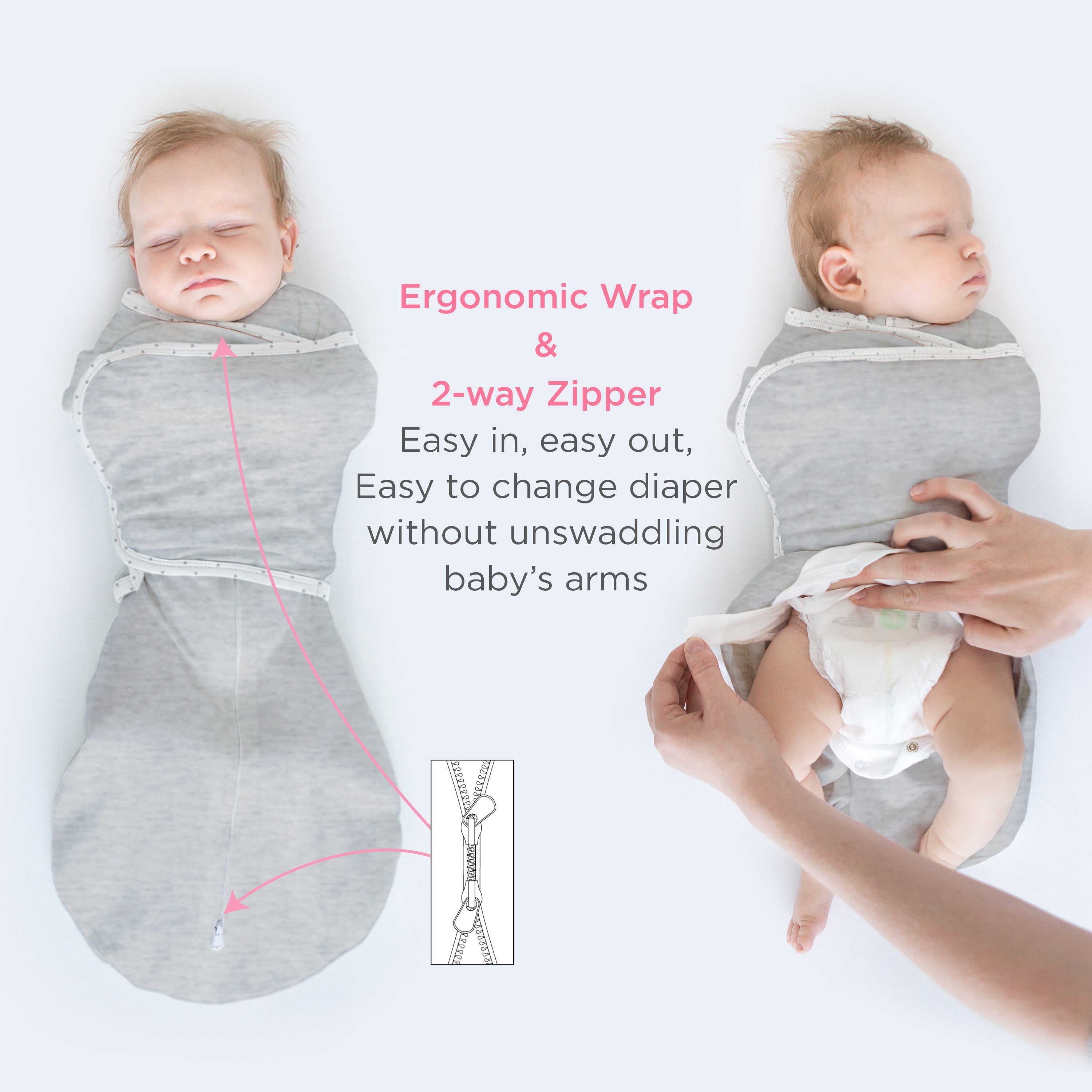 Omni Swaddle Sack With Wrap -  Most Versatile Swaddle - Arms Up Sleeves & Mitten Cuffs, Heathered Denim With Polka Dot Trim