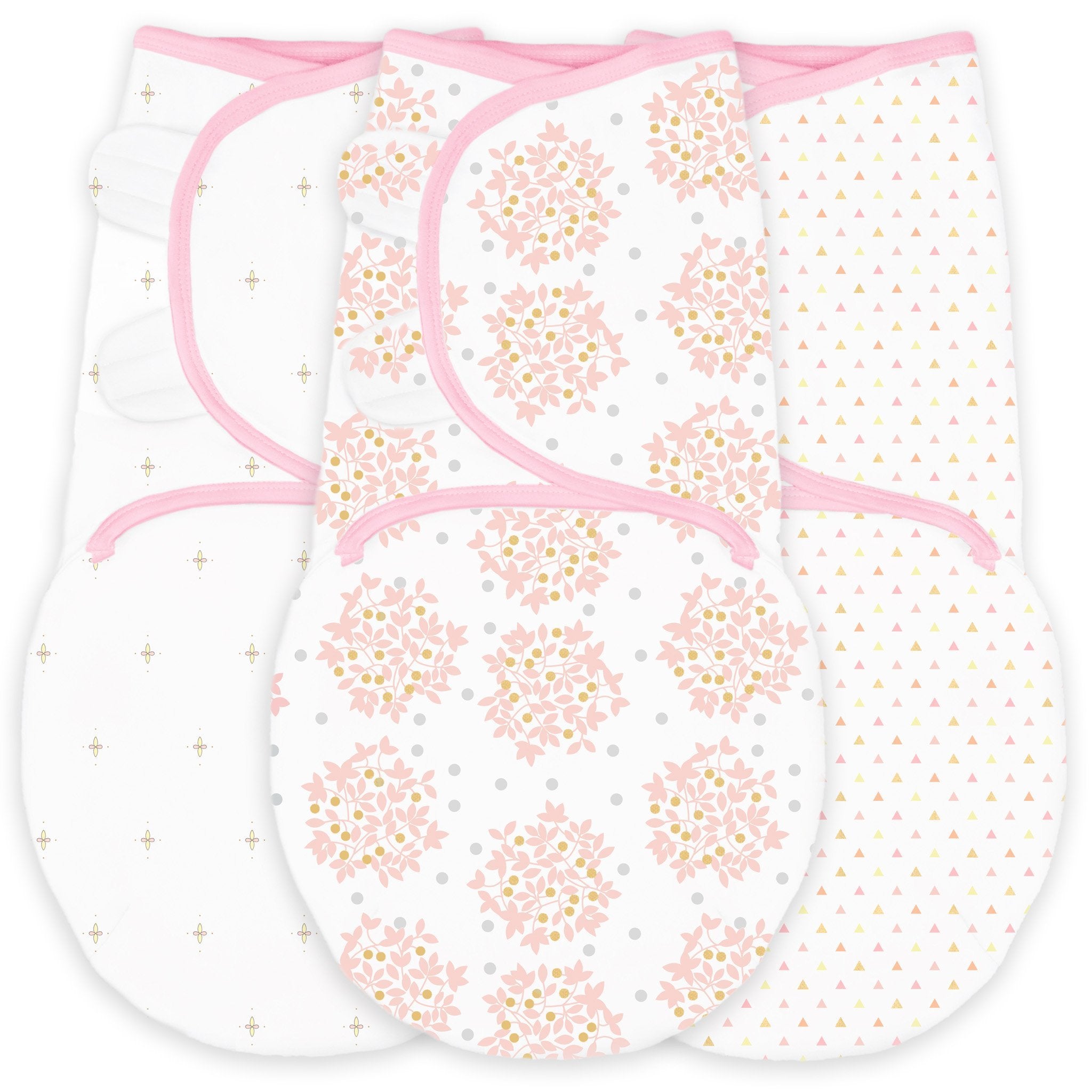 3 Swaddle Wraps - Heavenly Floral, Bella, Tiny Triangles, Pinks With Touch Of Gold Shimmer