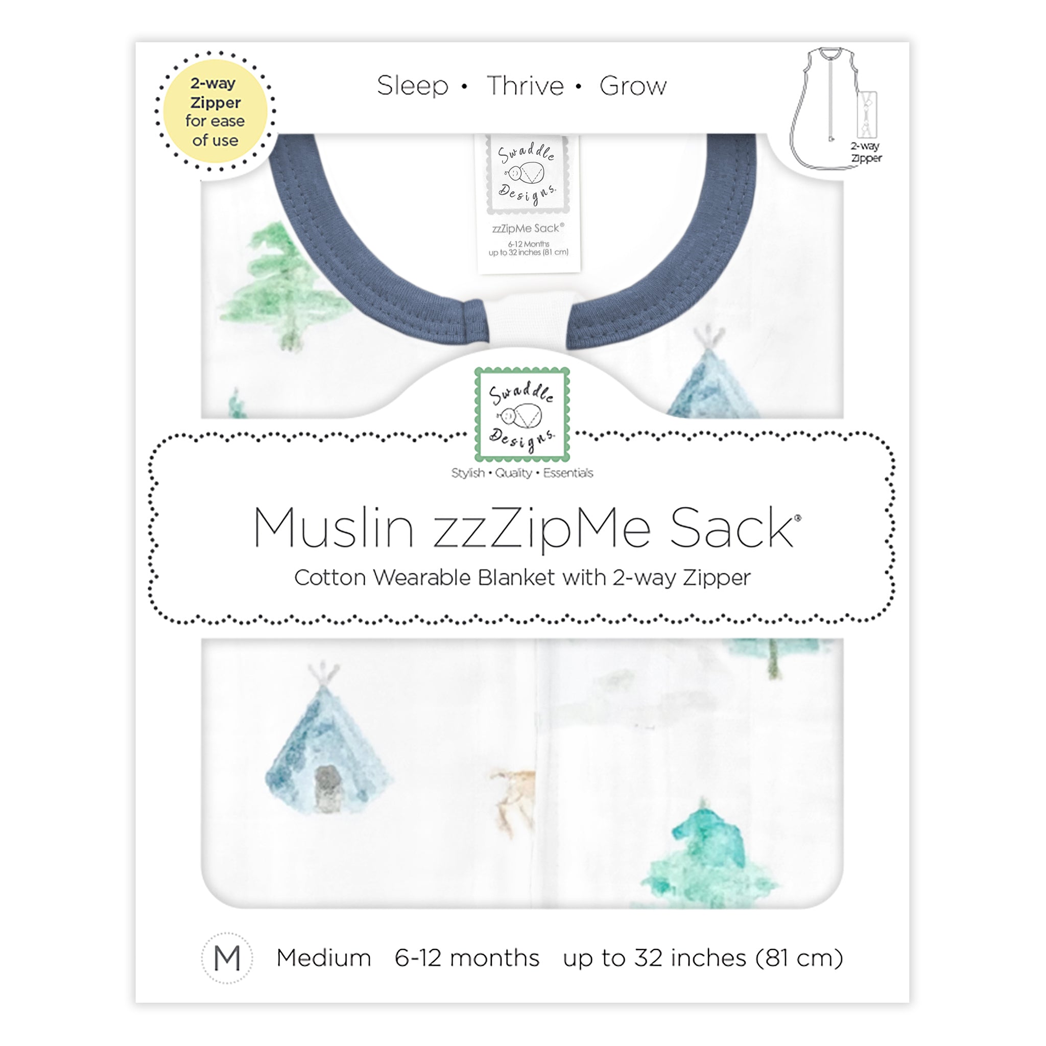 Cotton Muslin Non-weighted Zzzipme Sack - Watercolor Mountains & Trees - In The Wild