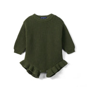 Ruffle Chunky Knit Baby Romper In Forest Green