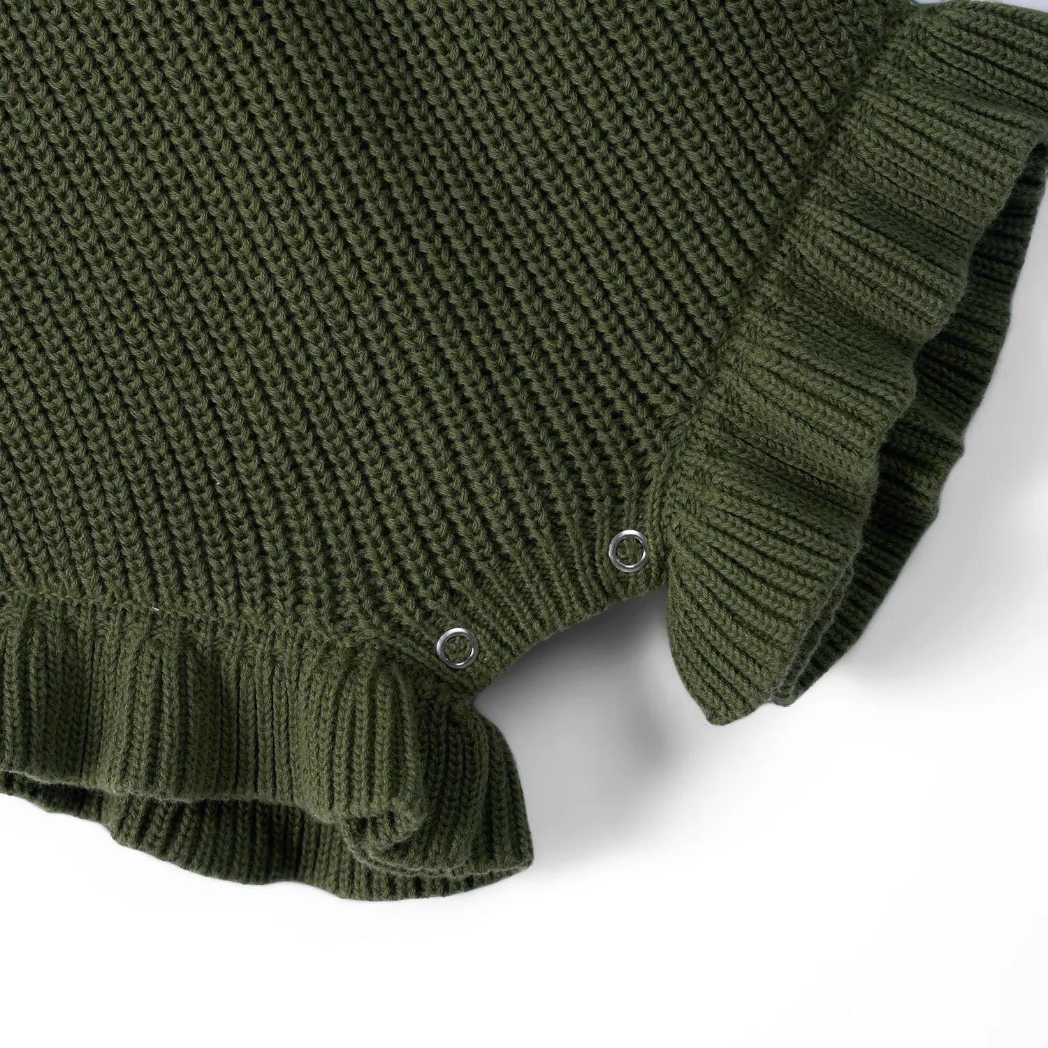 Ruffle Chunky Knit Baby Romper In Forest Green