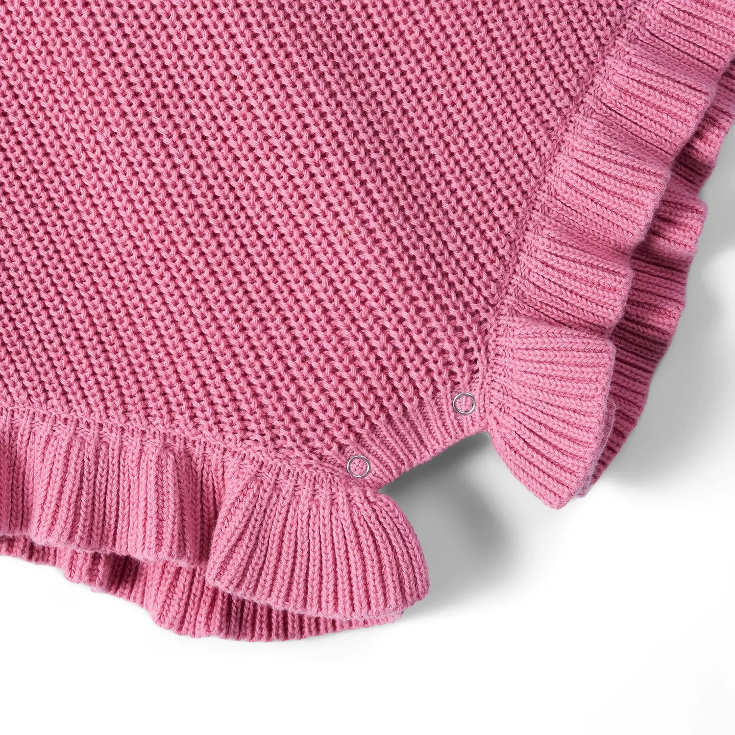 Ruffle Chunky Knit Baby Romper In Rose Pink