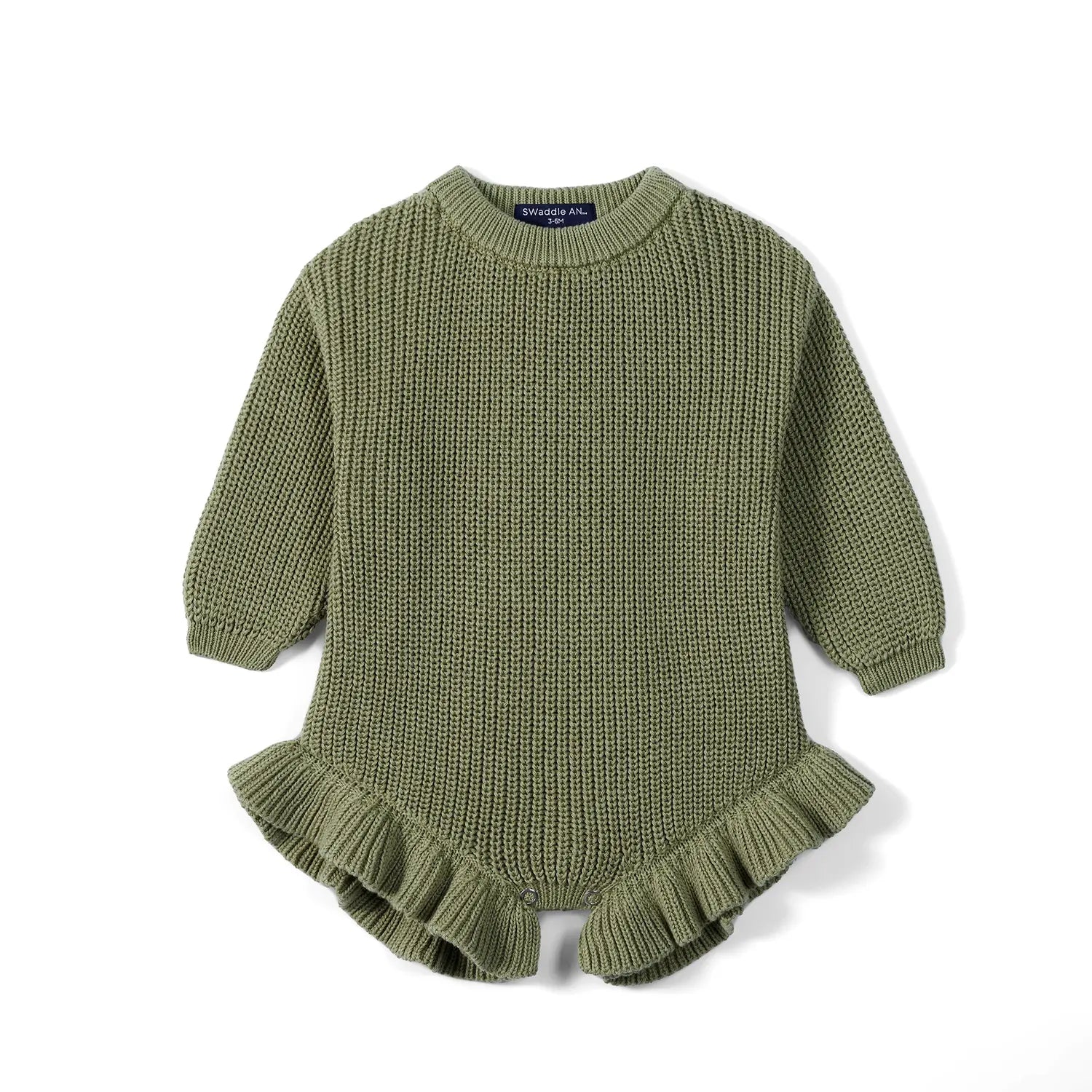 Ruffle Chunky Knit Baby Romper In Sage Green