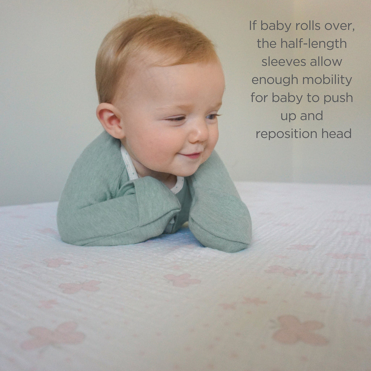 Transitional Swaddle Sack - Arms Up 1/2-length Sleeves & Mitten Cuffs, Heathered Jadeite With Polka Dot Trim