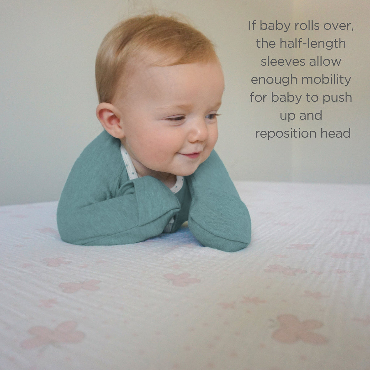 Transitional Swaddle Sack - Arms Up 1/2-length Sleeves & Mitten Cuffs, Heathered Teal With Polka Dot Trim
