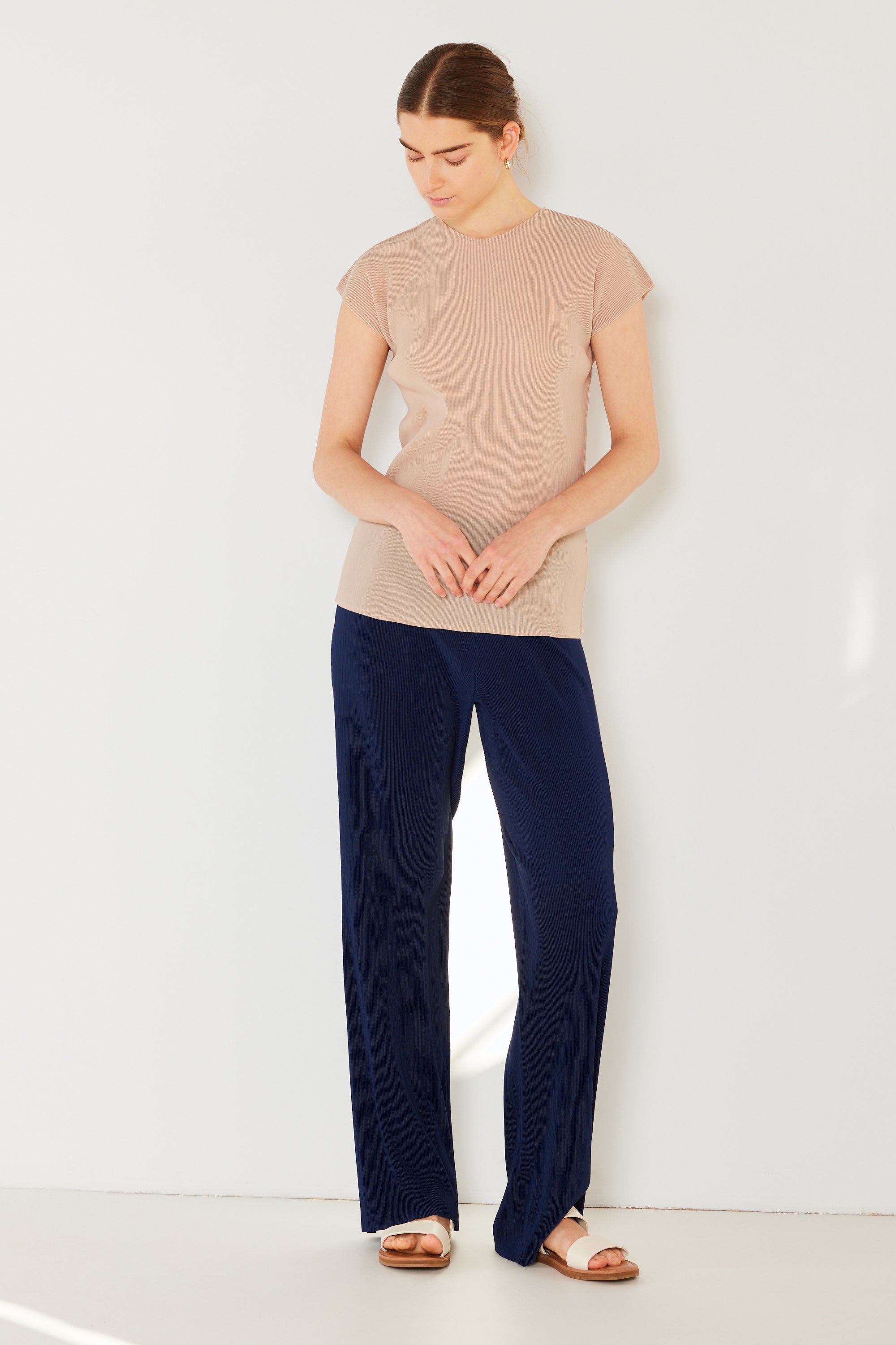 Pleated Cap Sleeve Top - T03cs_beige