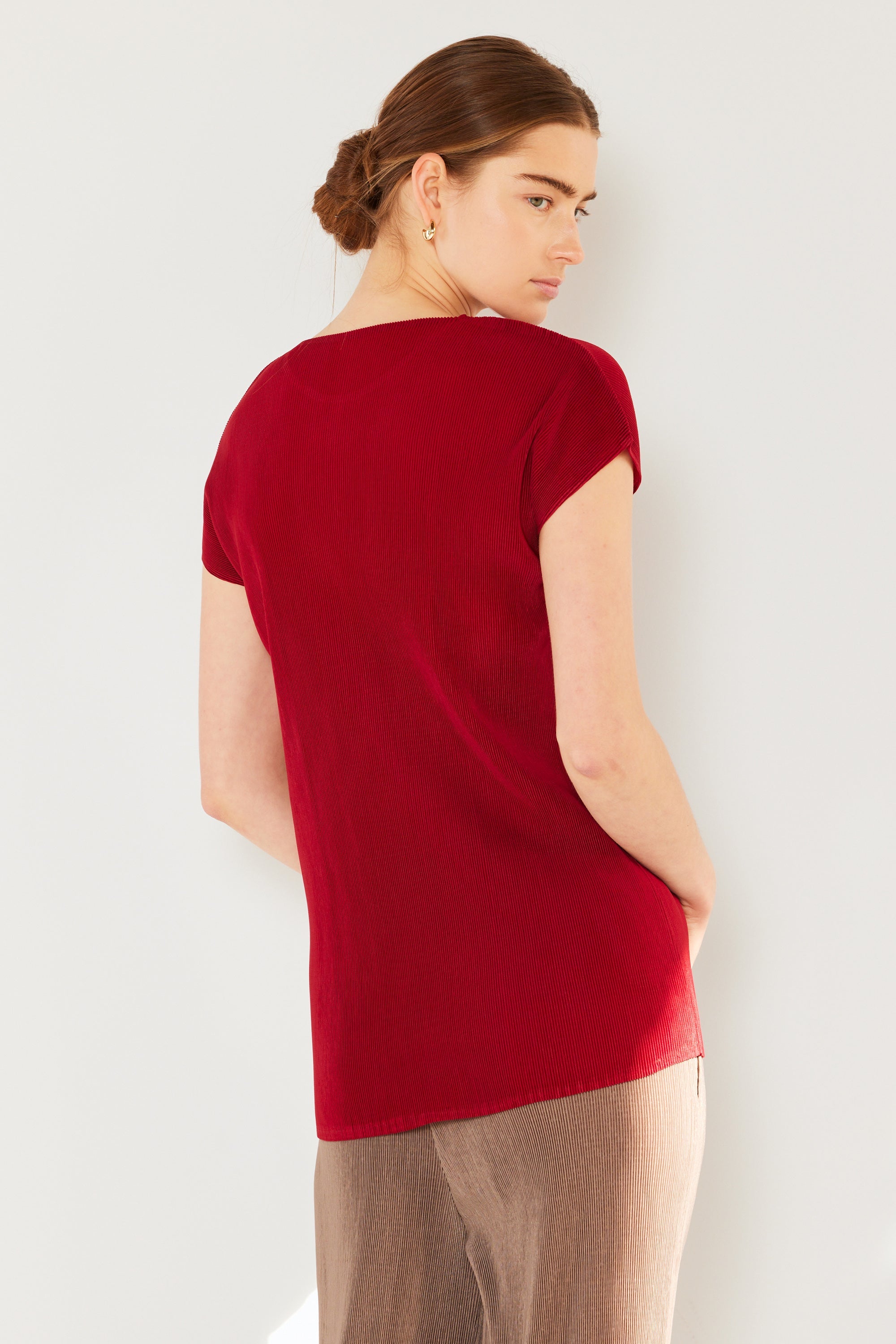Pleated Cap Sleeve Top - T03cs_maroon Red