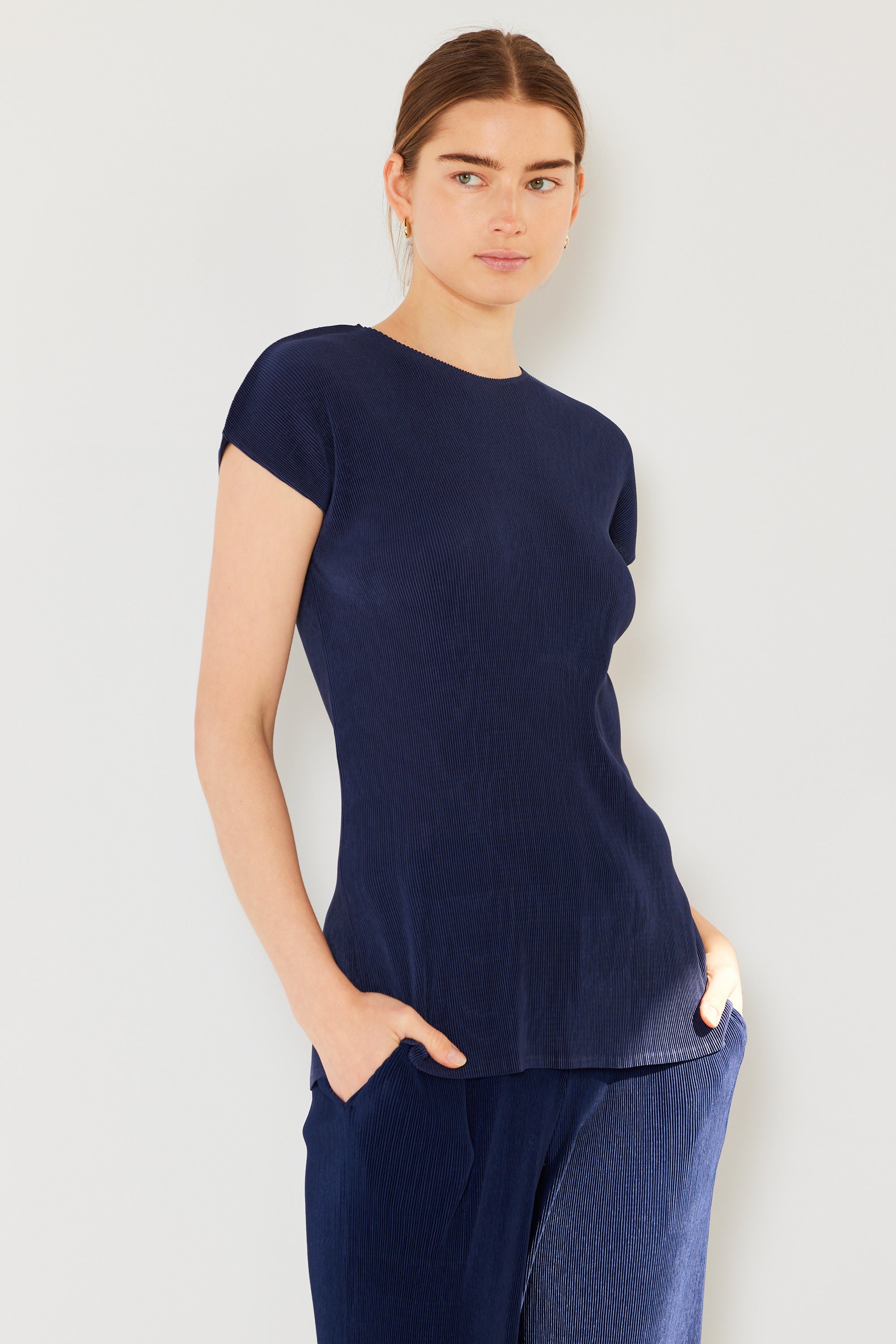 Pleated Cap Sleeve Top - T03cs_navy