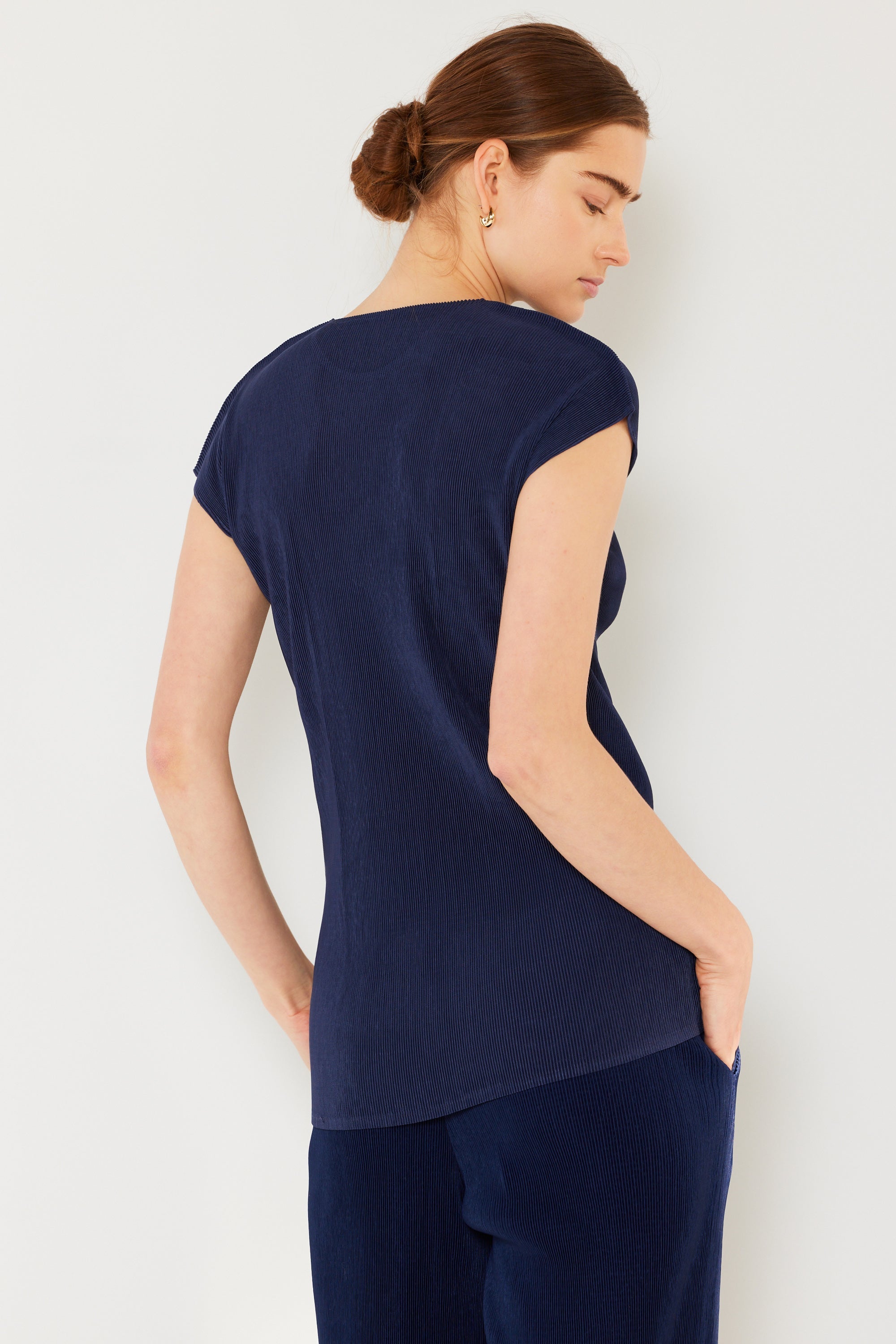 Pleated Cap Sleeve Top - T03cs_navy