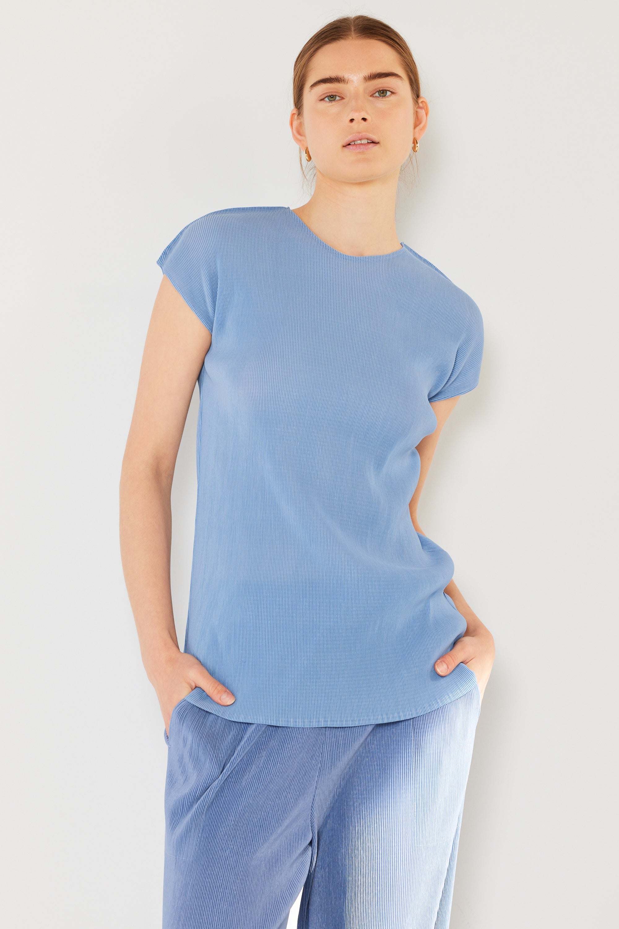 Pleated Cap Sleeve Top - T03cs_periwinkle