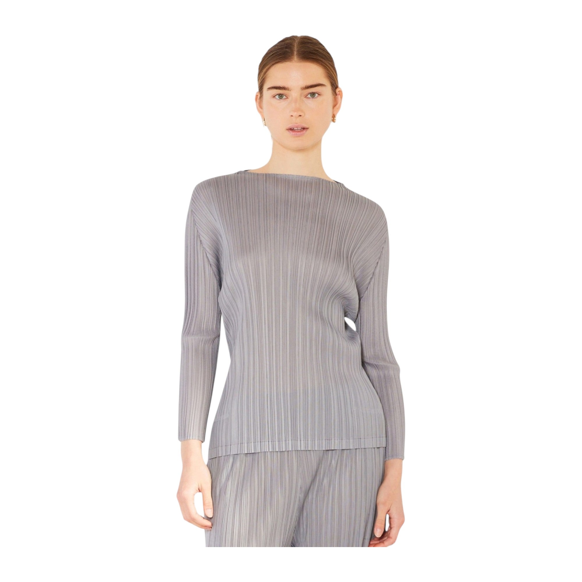 Pleated Long Sleeve Boatneck Top - T04ls_gray