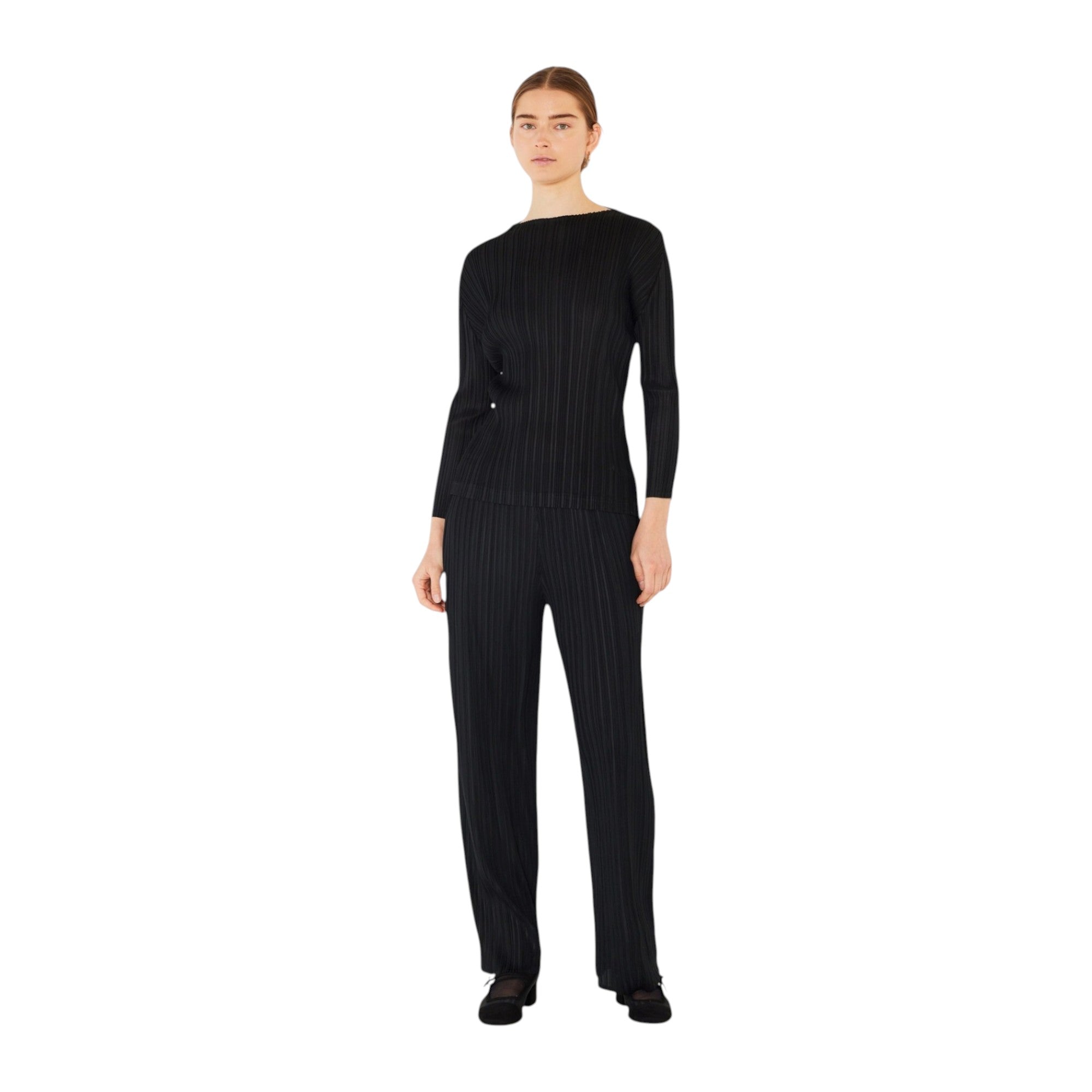 Pleated Long Sleeve Boatneck Top - T04ls_black