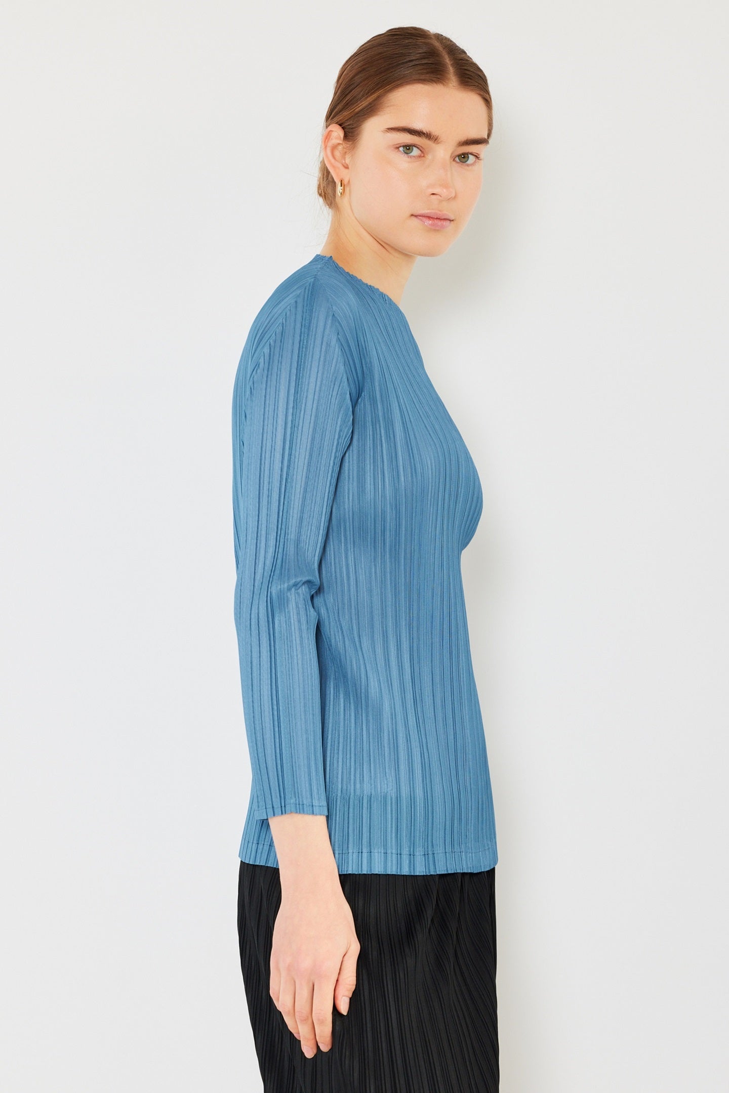 Pleated Long Sleeve Boatneck Top - T04ls_steel Blue