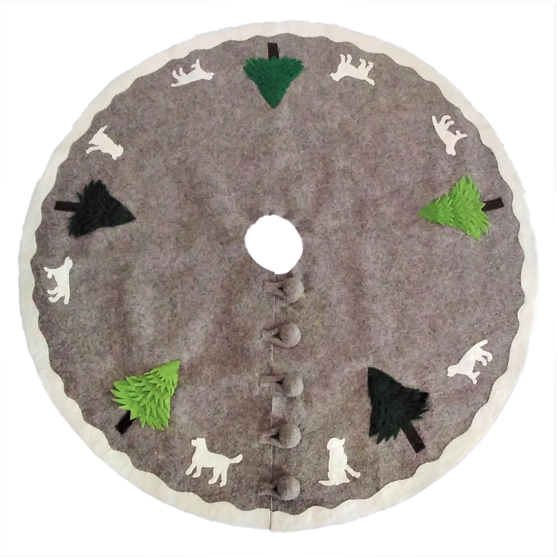 72" Cream Dogs And Green Trees Christmas Tree Skirt On Gray In Hand Felted Wool