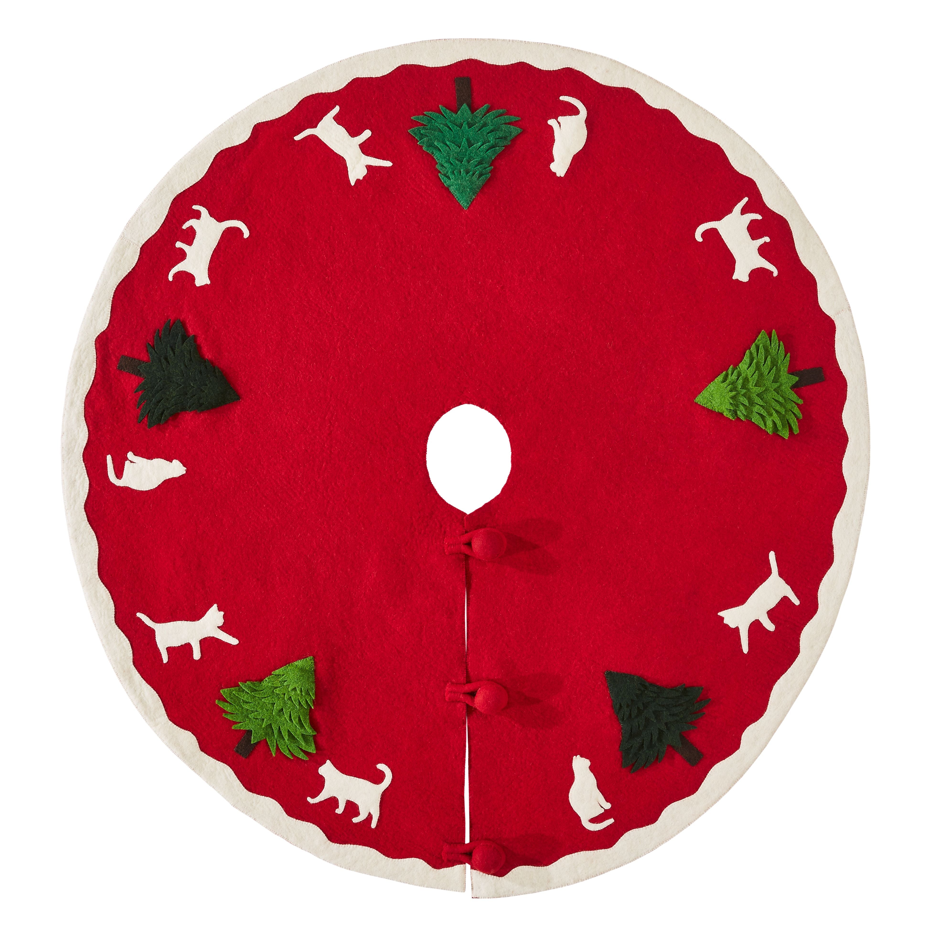 Cats & Green Trees Hand-felted Christmas Tree Skirt - 60"