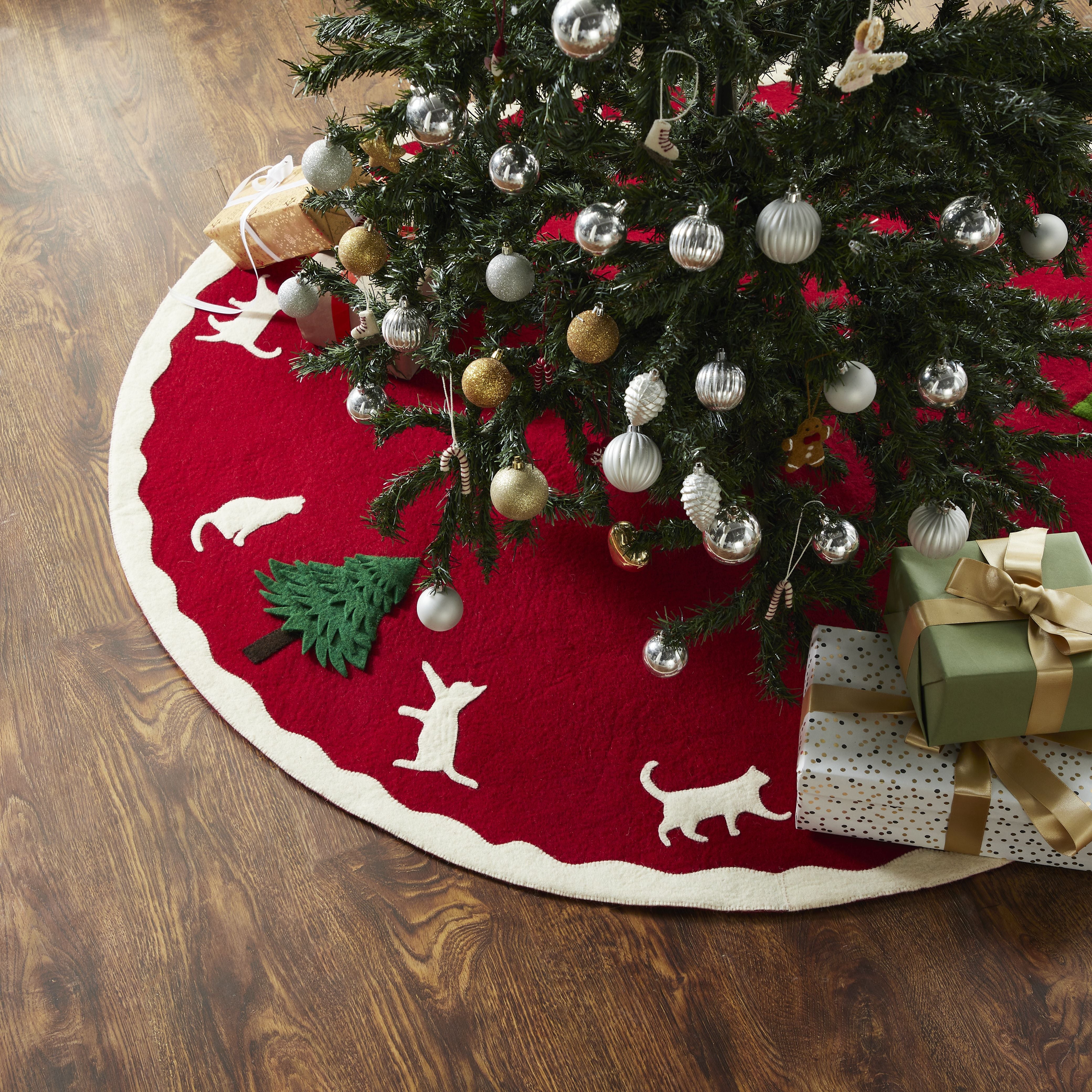 Cats & Green Trees Hand-felted Christmas Tree Skirt - 60"