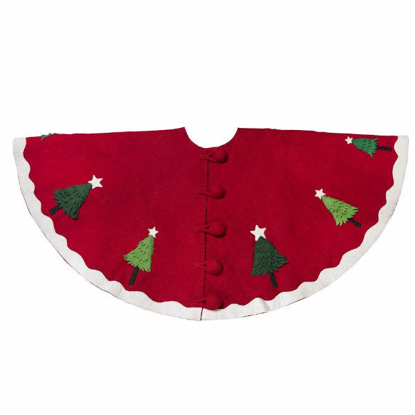 Handmade Christmas Tree Skirt In Felt - Trees On Red - 60"