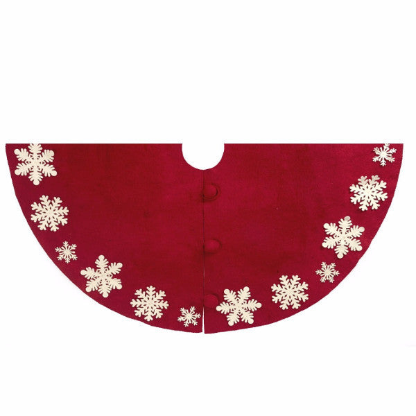 Hand Felted Wool Christmas Tree Skirt - Red With Cream Tacked Snowflakes - 60"