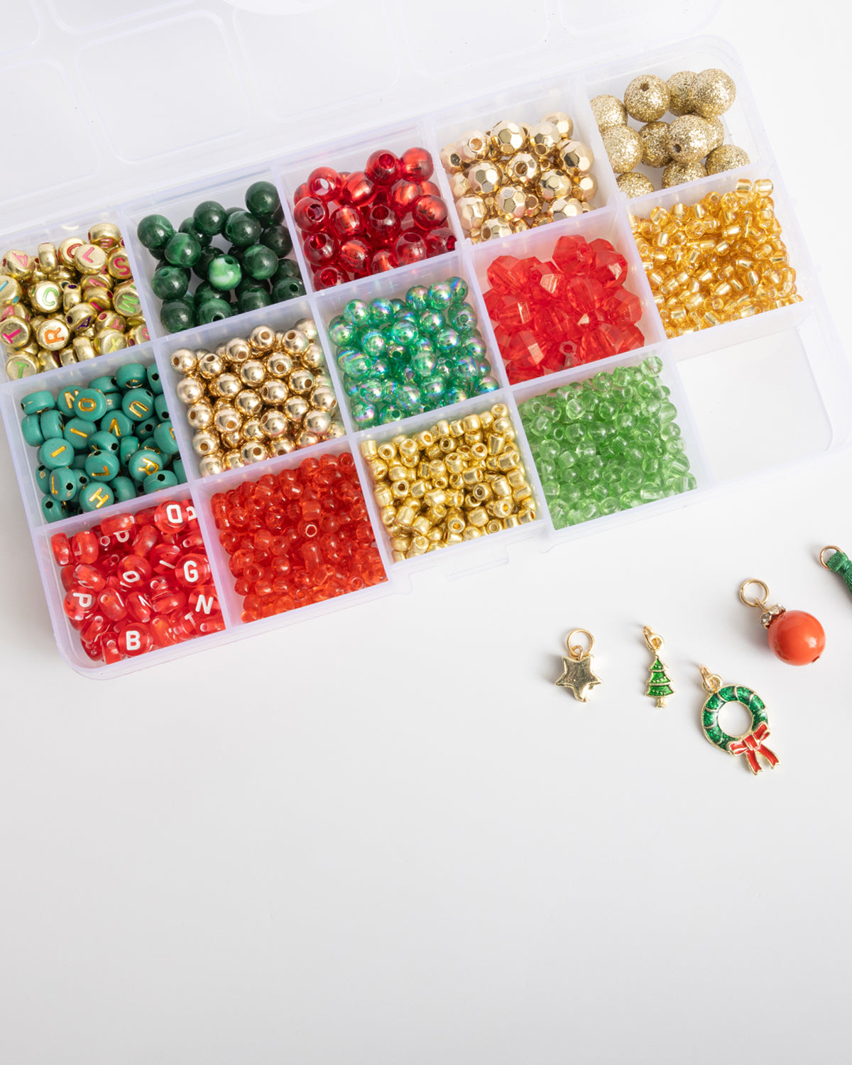 Metallic Gold, Green, And Red Holiday Alphabet Diy Bead Box