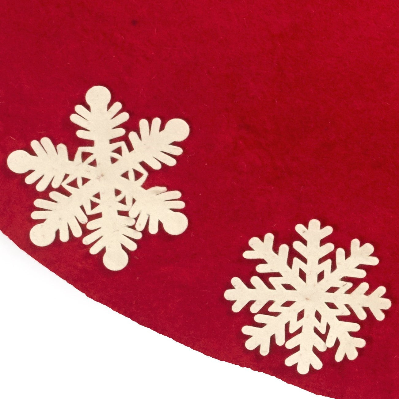 Hand Felted Wool Christmas Tree Skirt - Red With Cream Tacked Snowflakes - 60"