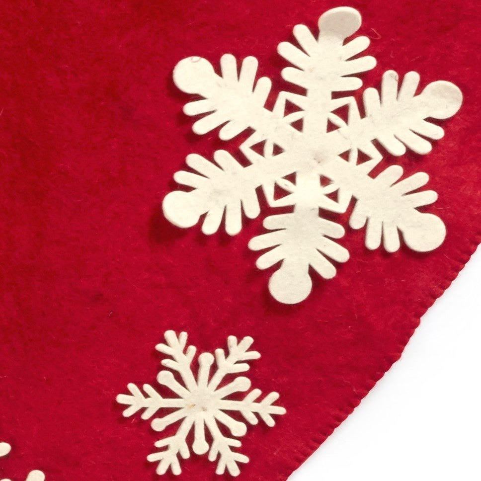 Hand Felted Wool Christmas Tree Skirt - Red With Cream Tacked Snowflakes - 60"