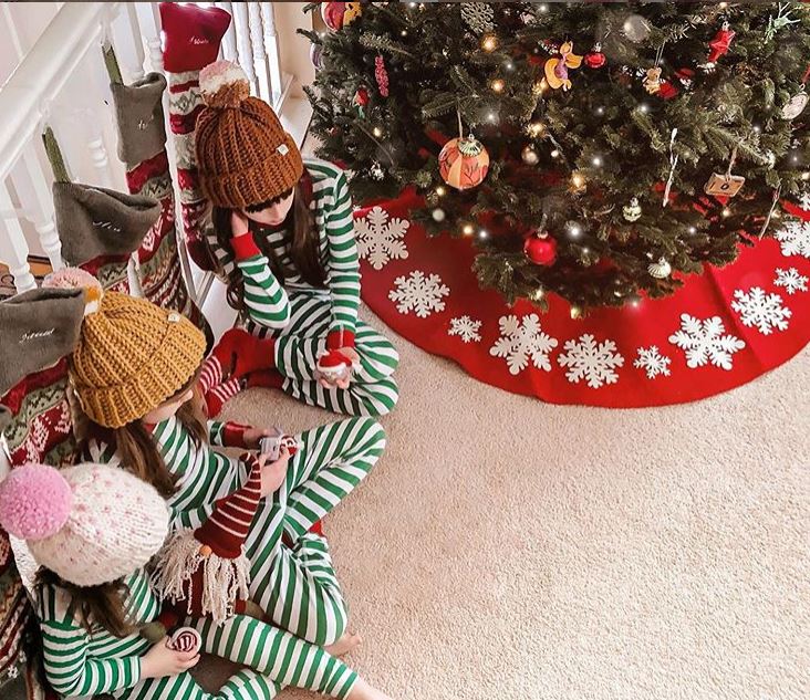 Hand Felted Wool Christmas Tree Skirt - Red With Cream Tacked Snowflakes - 60"