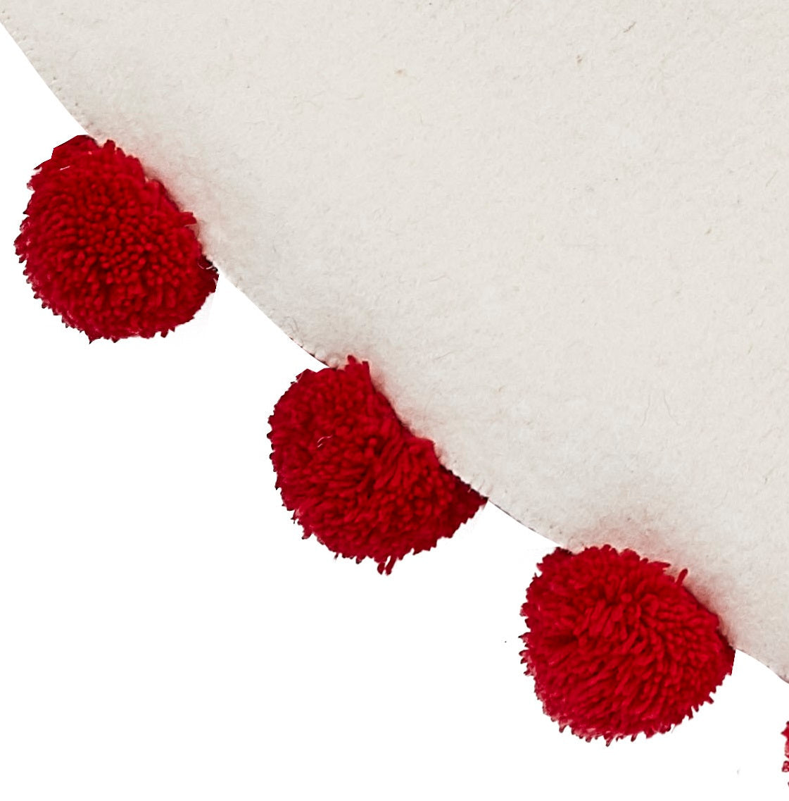 Handmade Felt Christmas Tree Skirt - Red Pom Poms On Cream - 63"