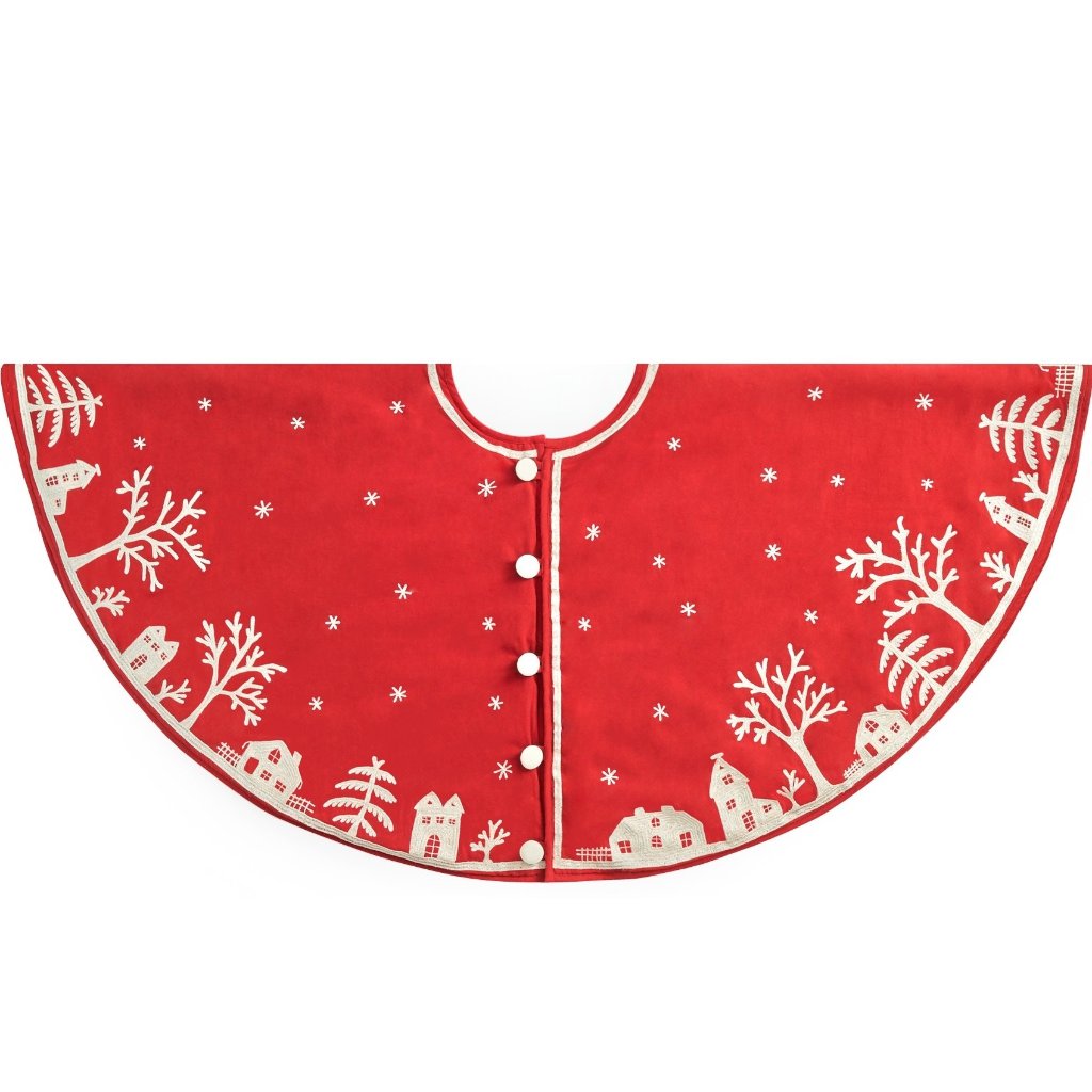 Handmade Christmas Tree Skirt In Cotton - Village Scene On Red - 60"
