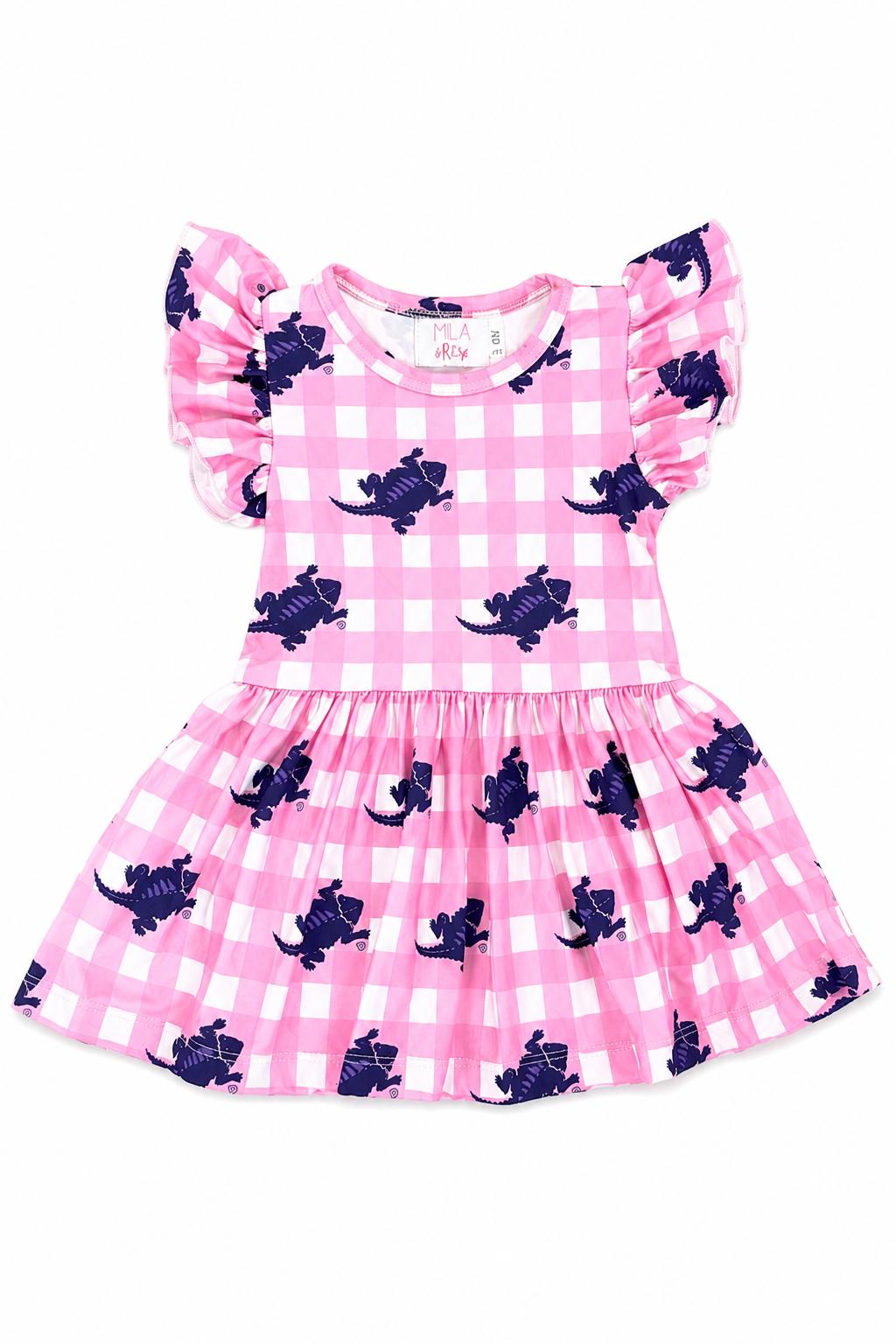 Tcu Pink Gingham Frog S/s Flutter Twirl Bodysuit