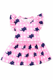 Tcu Pink Gingham Frog S/s Flutter Twirl Bodysuit