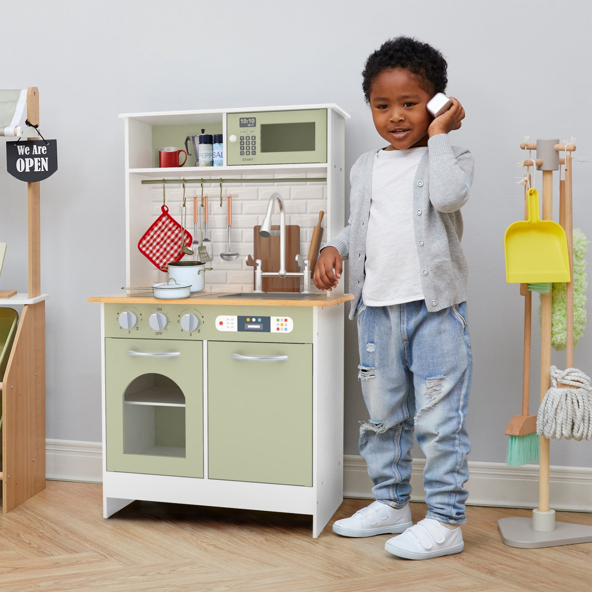 Little Chef Boston Modern Wooden Kitchen Playset, White/green