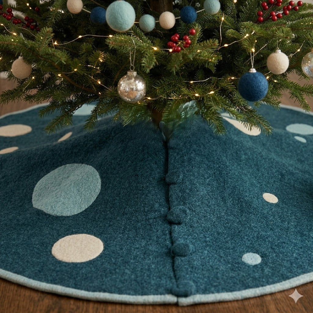 Handmade Christmas Tree Skirt In Hand Felted Wool - Blue Polka Dots - 60"