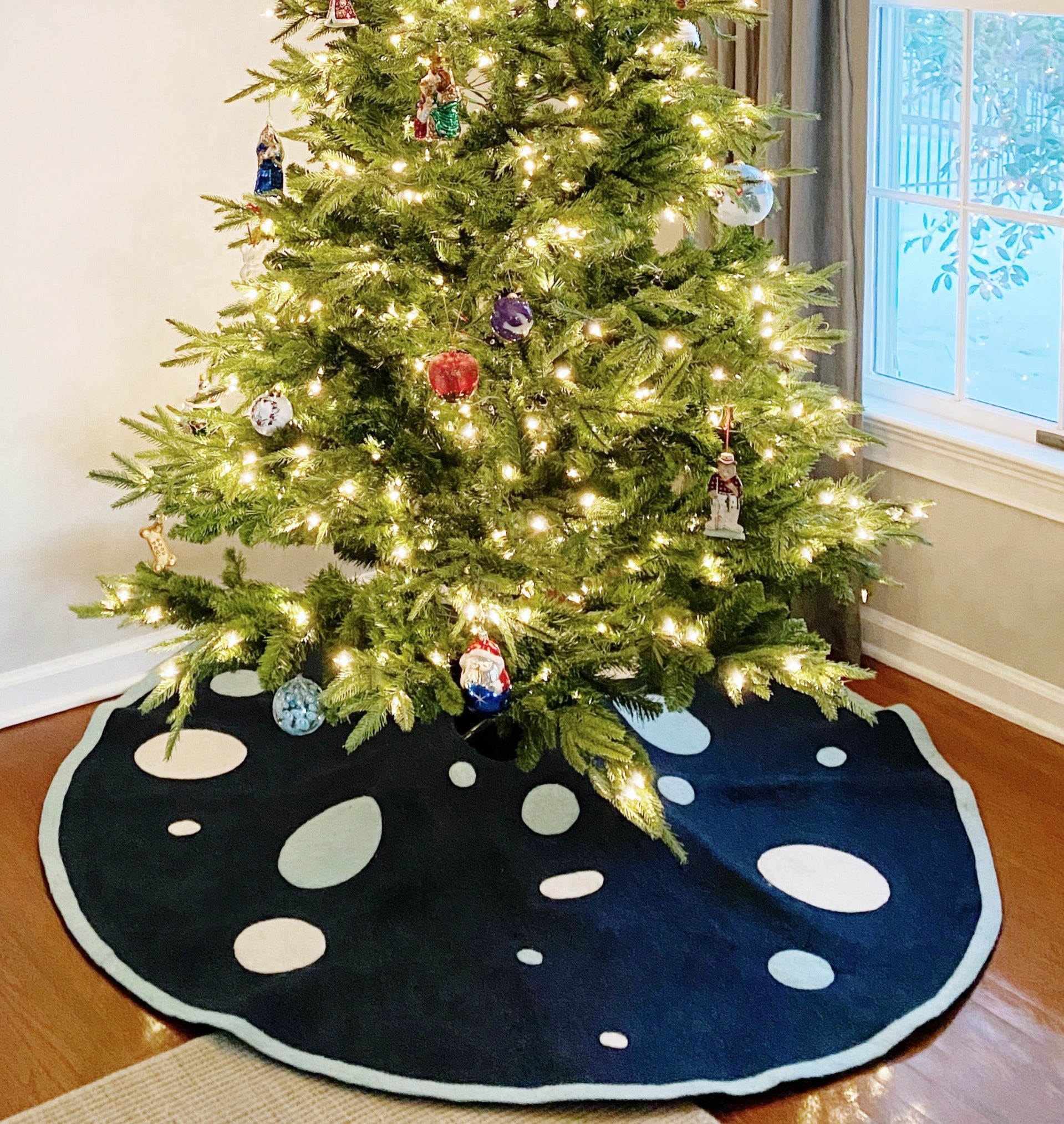 Handmade Christmas Tree Skirt In Hand Felted Wool - Blue Polka Dots - 60"