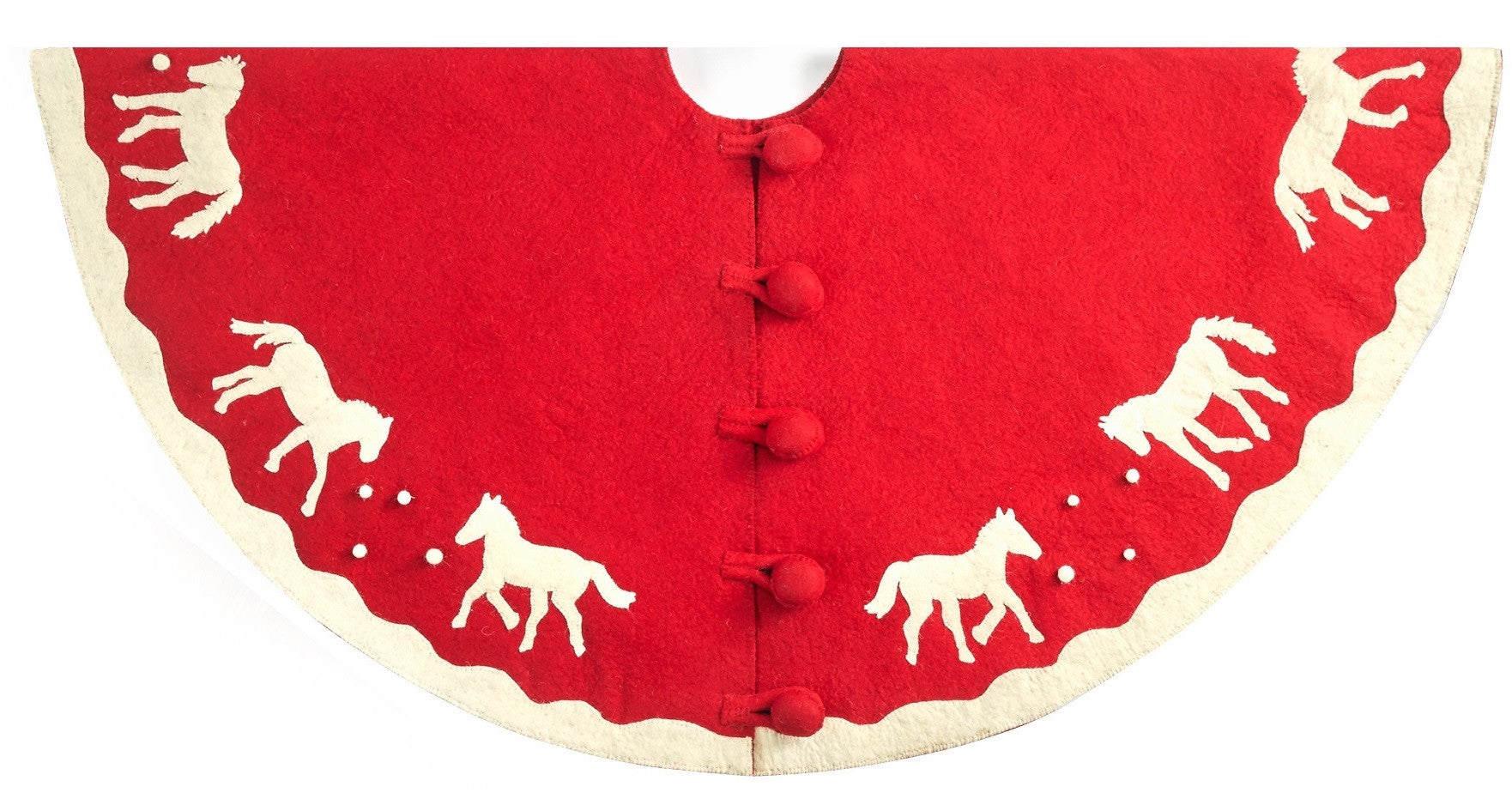 Galloping Horses Christmas Tree Skirt In Red With White