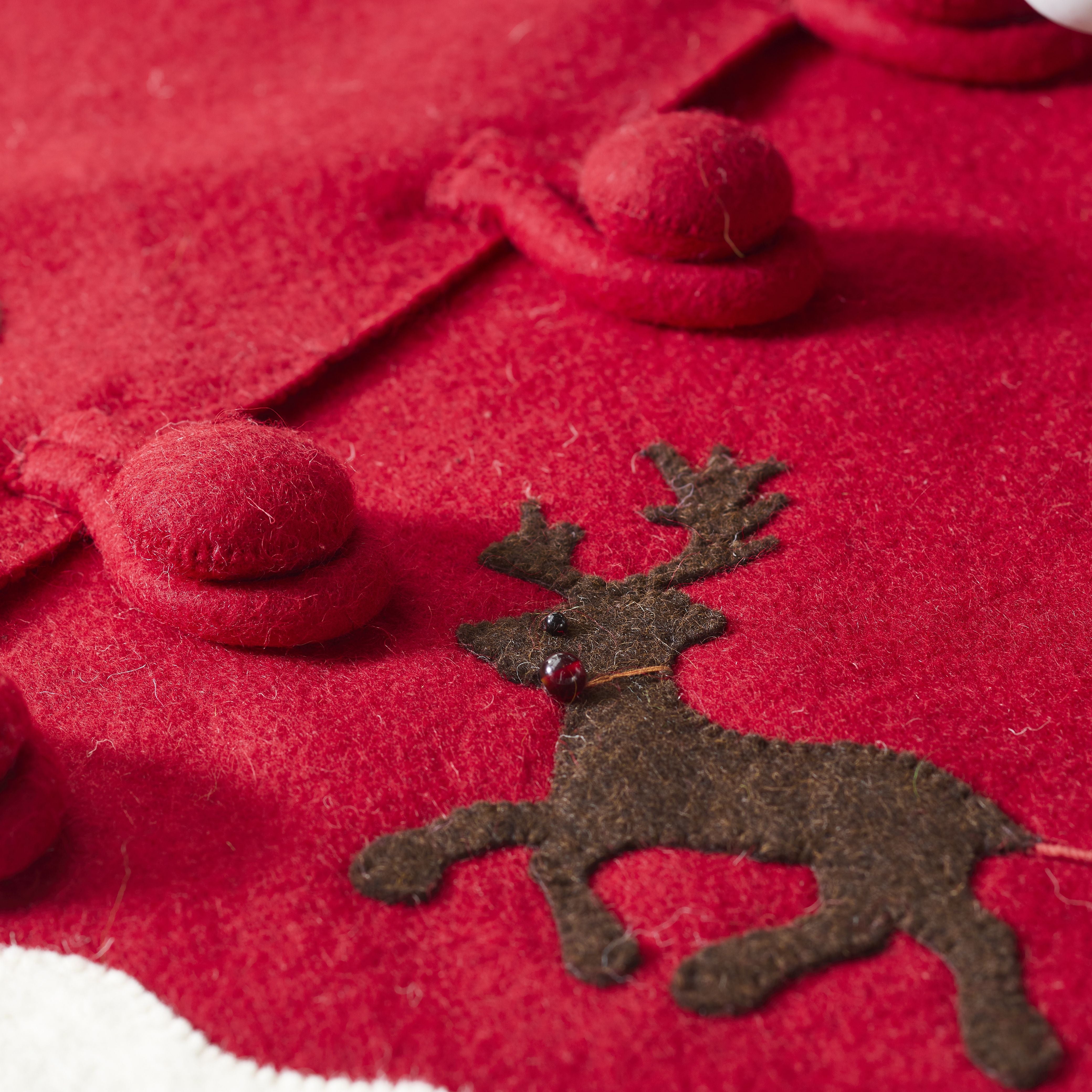 Handmade Christmas Tree Skirt In Felt - Sleigh And Reindeer On Red - 60"