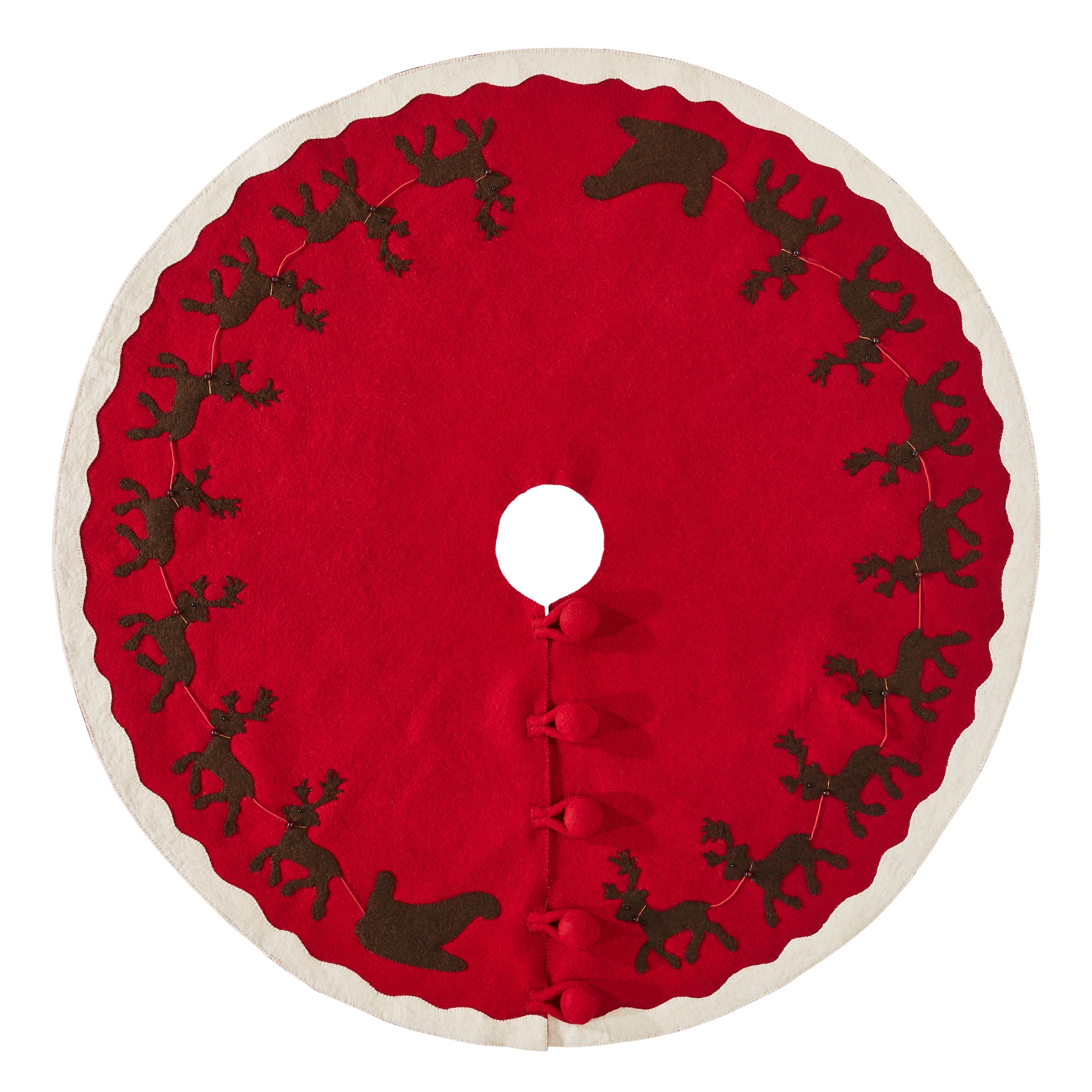 Handmade Christmas Tree Skirt In Felt - Sleigh And Reindeer On Red - 60"