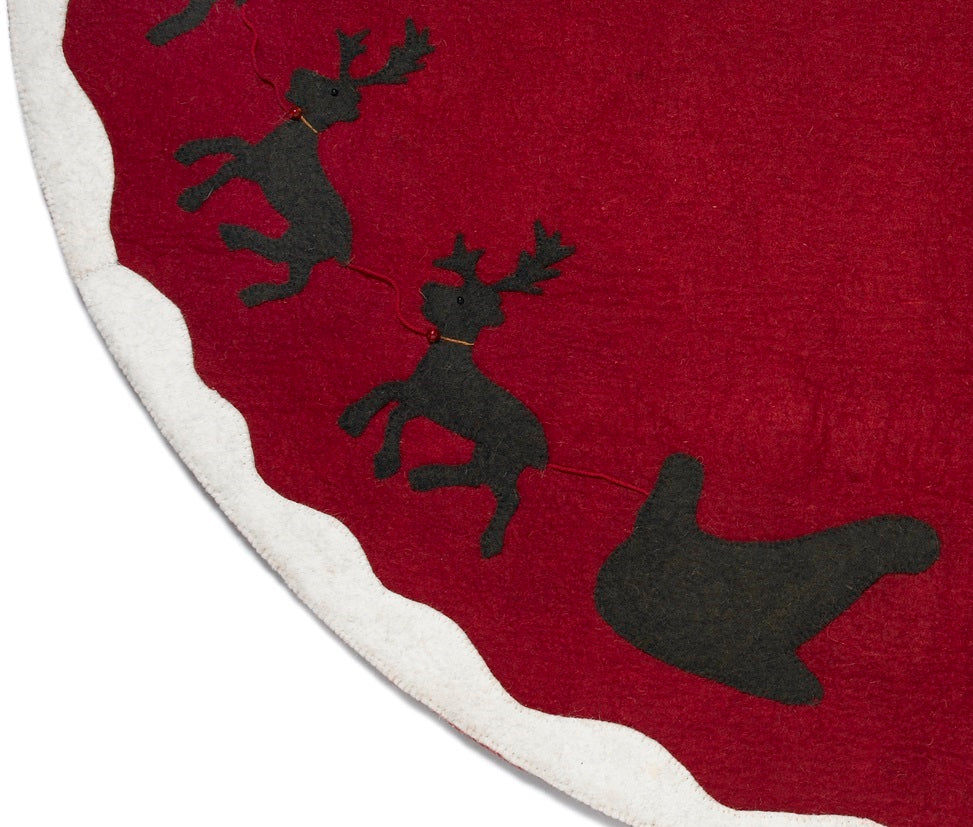 Handmade Christmas Tree Skirt In Felt - Sleigh And Reindeer On Red - 60"