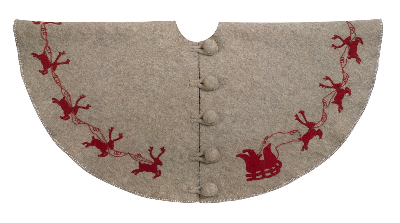 Reindeer Tree Skirt- Grey With Red Reindeer And Cream Whip Stitch-72"-