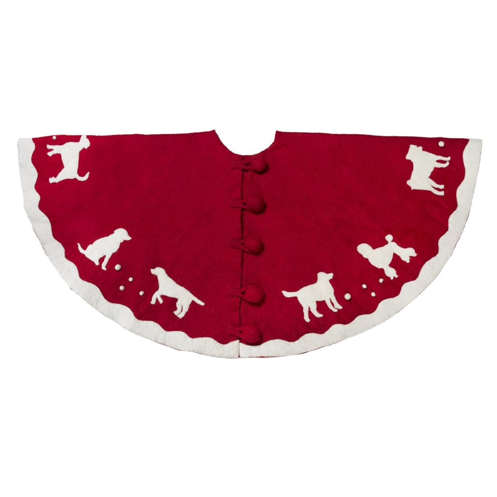 Handmade Christmas Tree Skirt In Hand Felted Wool - Dogs On Red- 60"