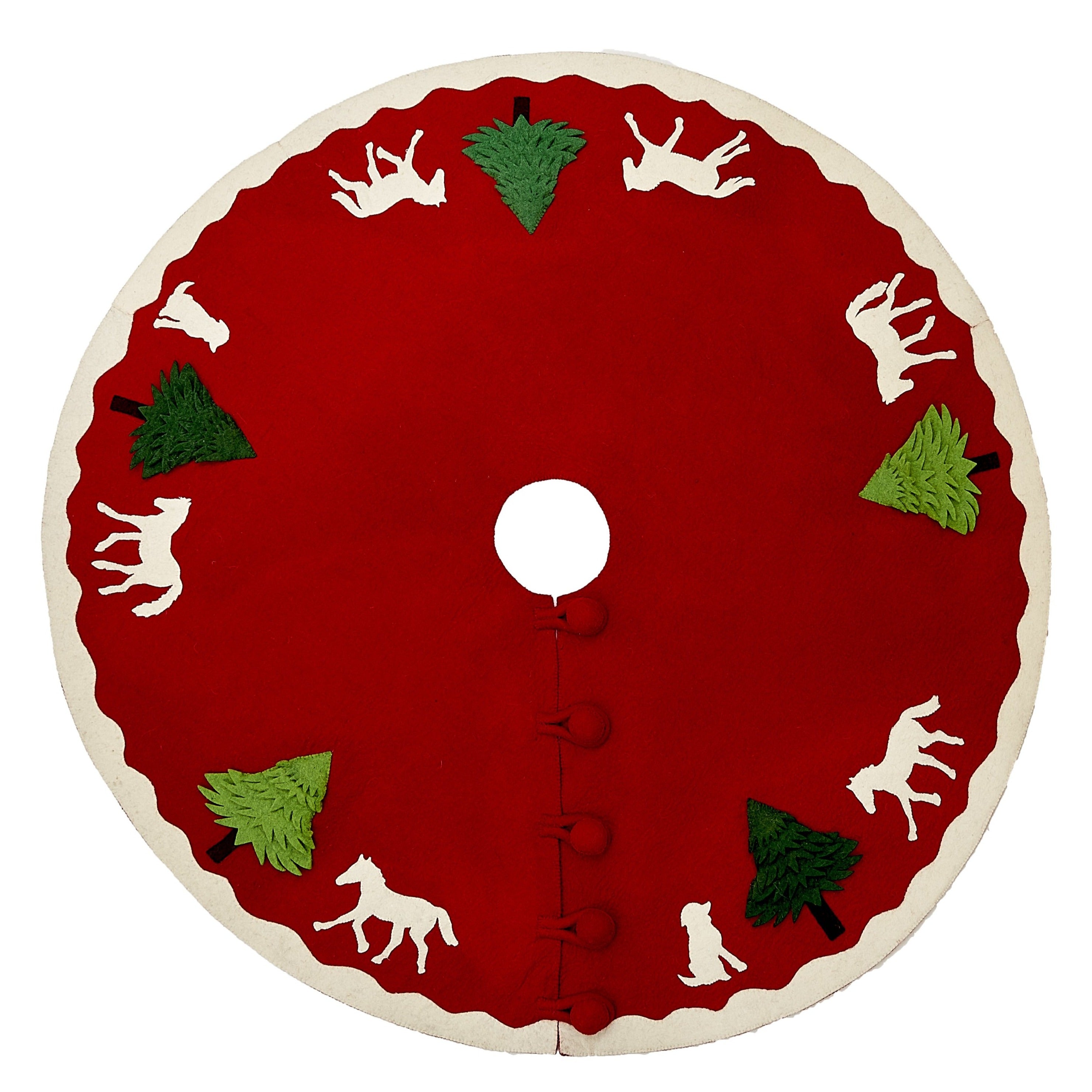 Handmade Christmas Tree Skirt In Hand Felted Wool - Dogs And Horses On Red- 60"
