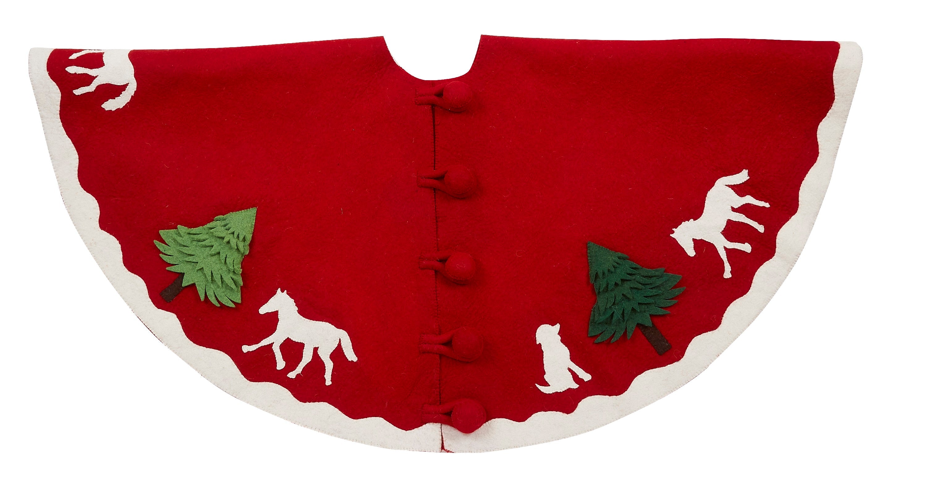 Handmade Christmas Tree Skirt In Hand Felted Wool - Dogs And Horses On Red- 60"